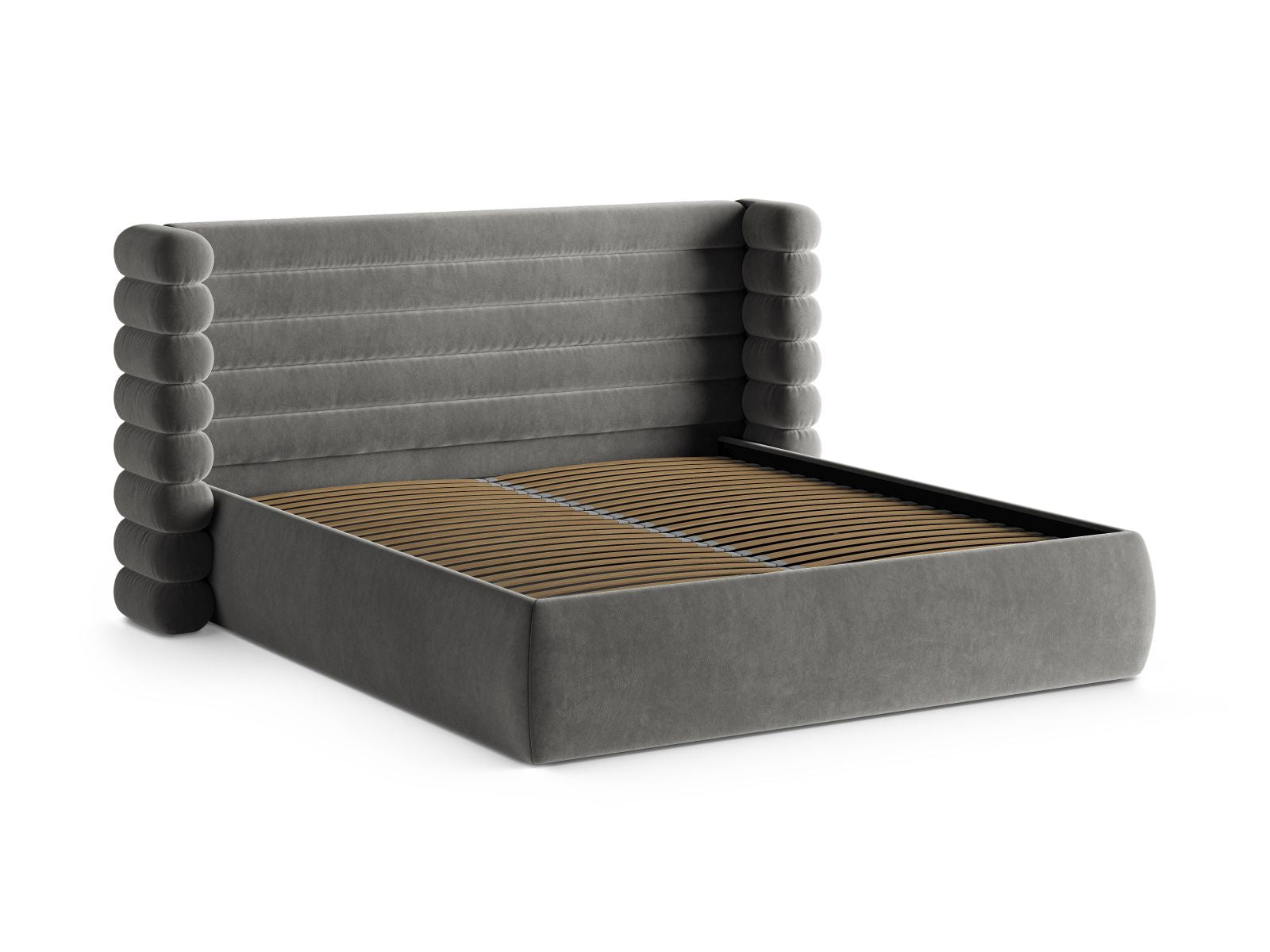 Elegantes Mount Bett mit 140 cm Breite, ausgestattet mit praktischem Stauraum und einem stilvollen Kopfteil in Grey-Salvador, ideal für jedes Schlafzimmer.