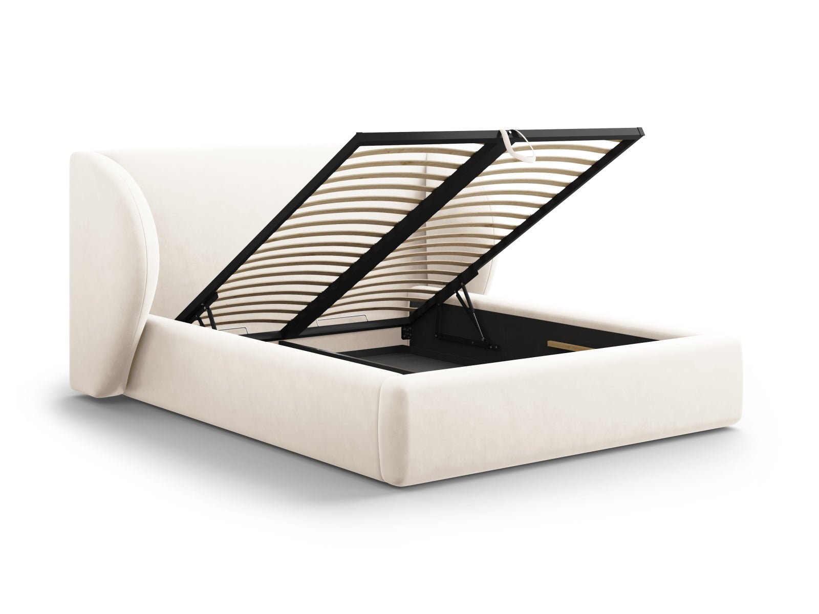 Elegantes Miley Velour Bett in zartem Beige, ausgestattet mit praktischem Stauraum und einem stilvollen Kopfteil für optimalen Komfort.