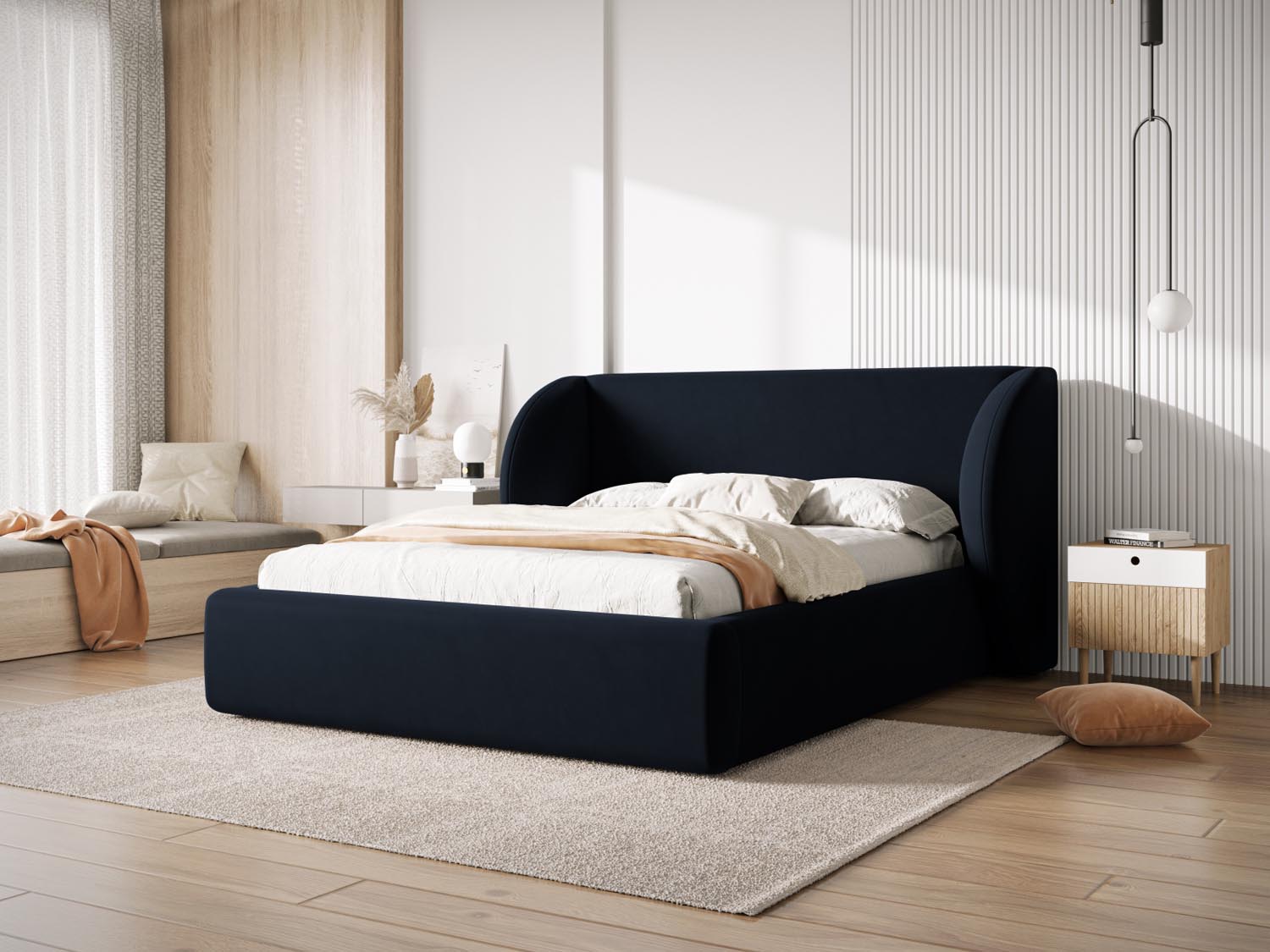 Elegantes Miley Velour Bett in Dunkelblau mit praktischem Stauraum und stilvollem Kopfteil, ideal für moderne Schlafzimmer.