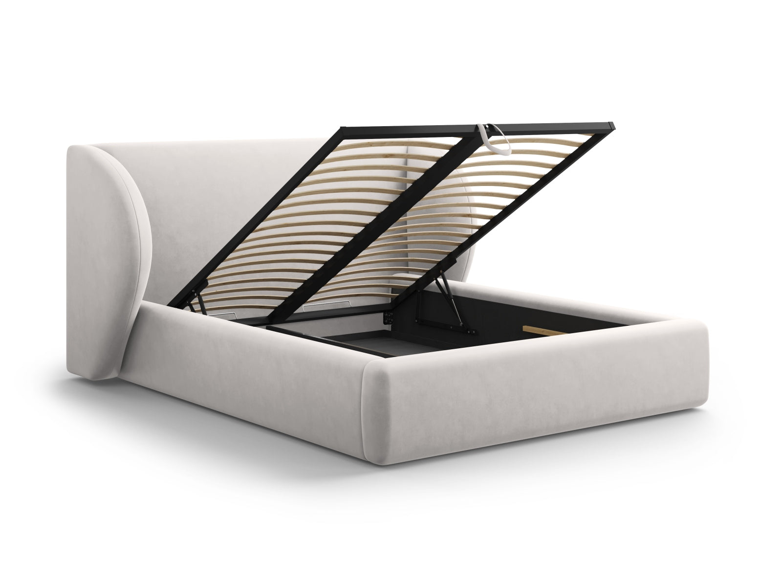 Elegantes Miley Velour Bett in Silver-Bluvel mit integriertem Stauraum und modernem Kopfteil, ideal für stilvolle Schlafzimmer.