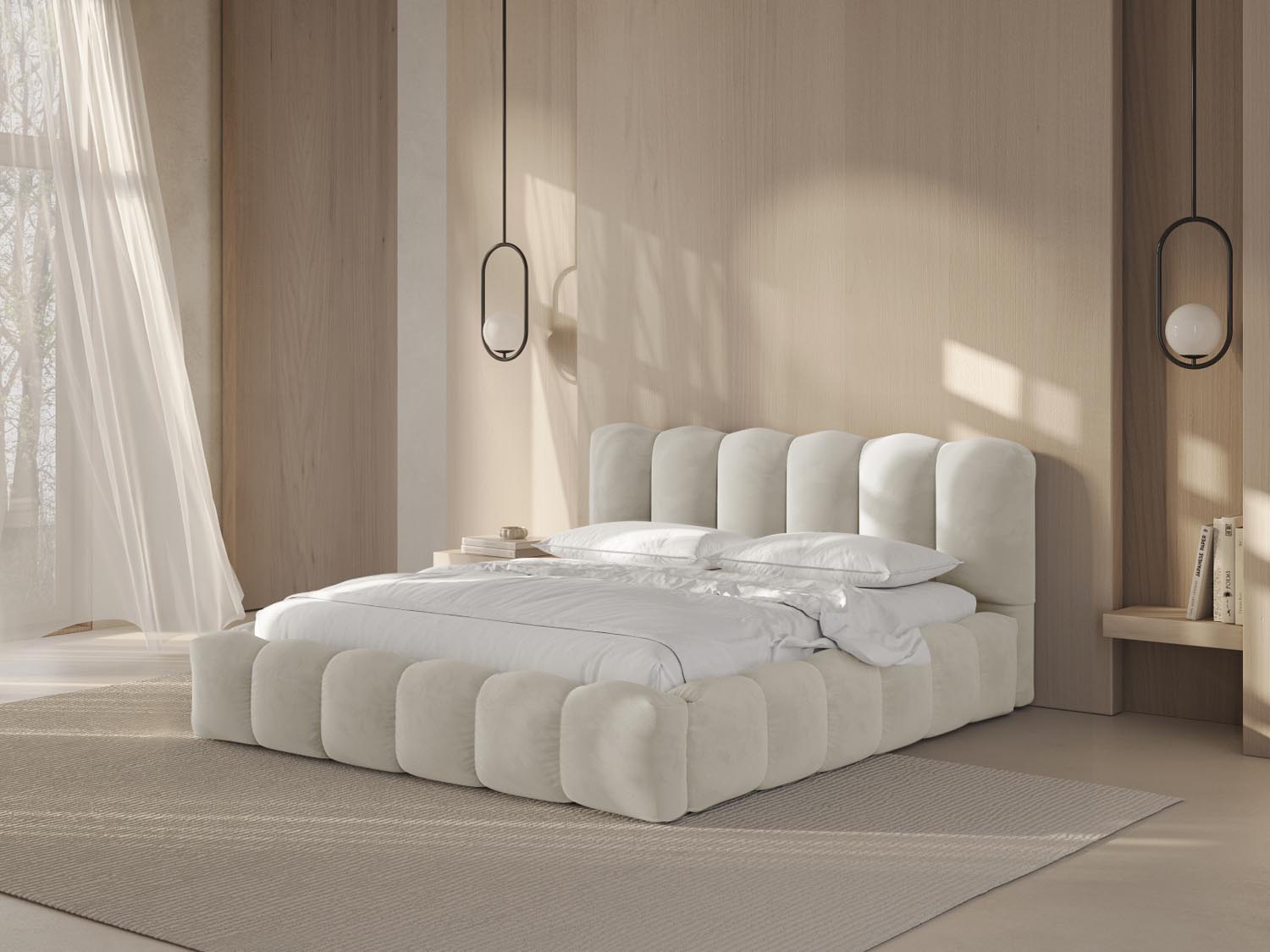 Lupine Velour Bett mit Stauraum und Headboard  166cm in Beige präsentiert im Onlineshop von KAQTU Design AG. Bett ist von Micadoni