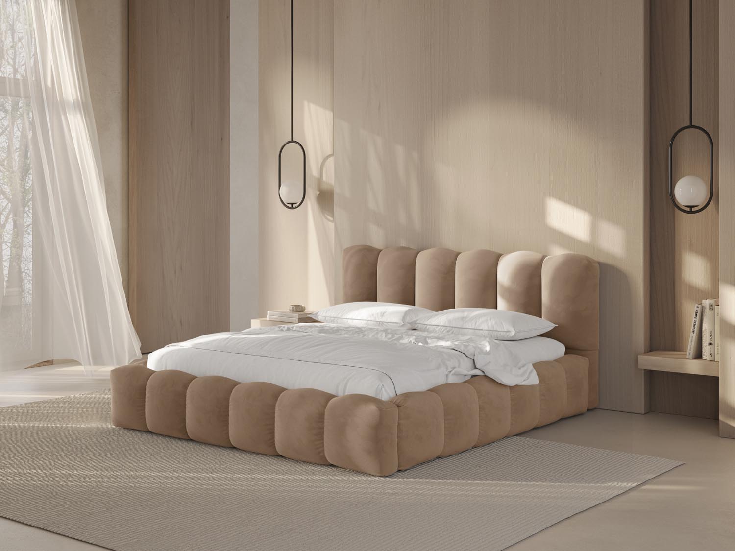 Lupine Velour Bett mit Stauraum und Headboard  166cm in Sand präsentiert im Onlineshop von KAQTU Design AG. Bett ist von Micadoni