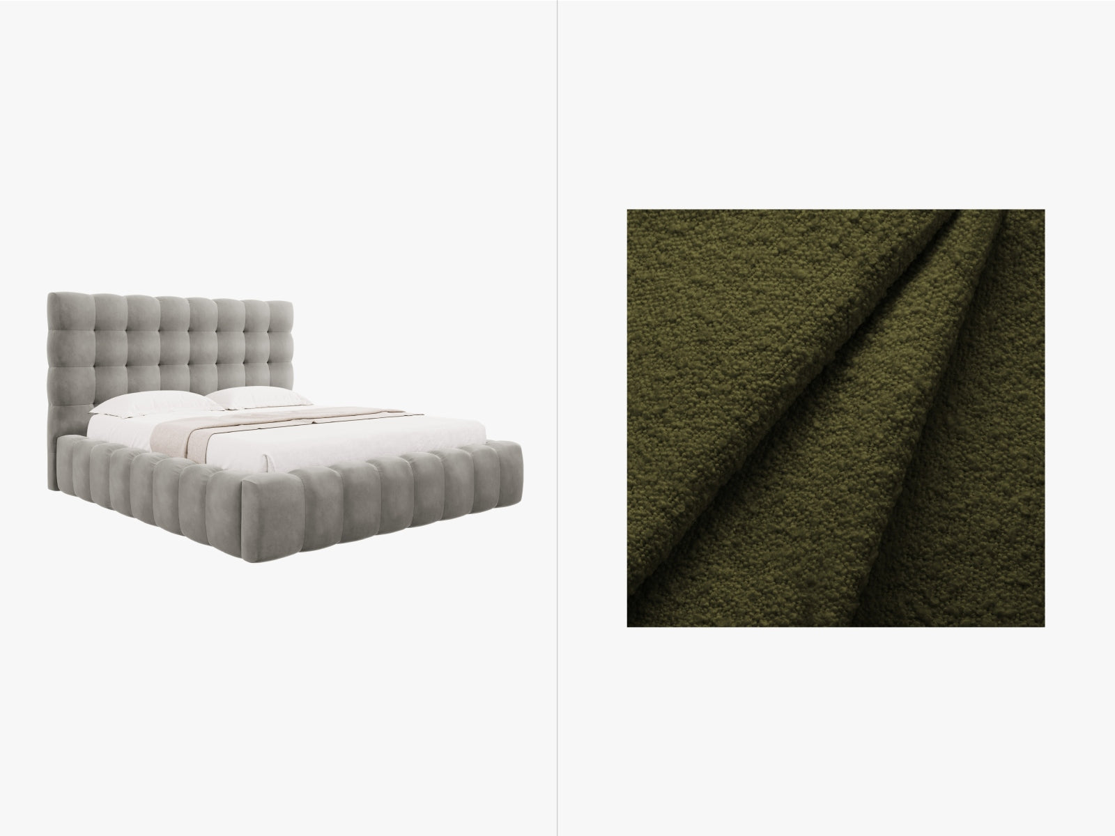 Mamaia Boucle Bett mit Stauraum und Headboard  185cm in Dark Olive Green/Schwarz präsentiert im Onlineshop von KAQTU Design AG. Bett ist von Micadoni