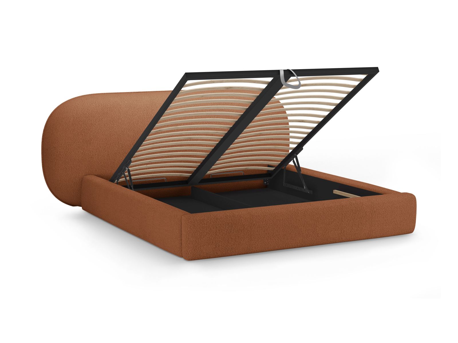 Elegantes Ovalo Bett in sanftem Terracotta, ideal für stilvolle Schlafzimmer, bietet praktischen Stauraum und ein geschmackvolles Kopfteil.