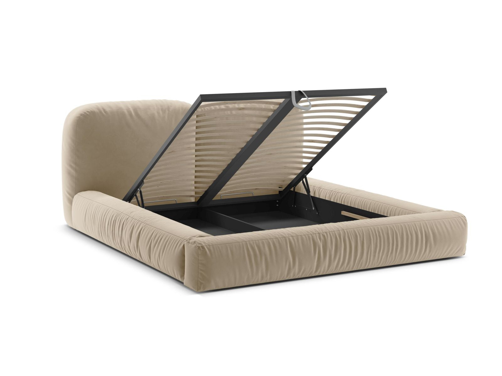 Stylisches Martina Bett in sanftem Beige, perfekt für zeitgemäße Schlafzimmer, ausgestattet mit praktischem Stauraum und einem ansprechenden Kopfteil.