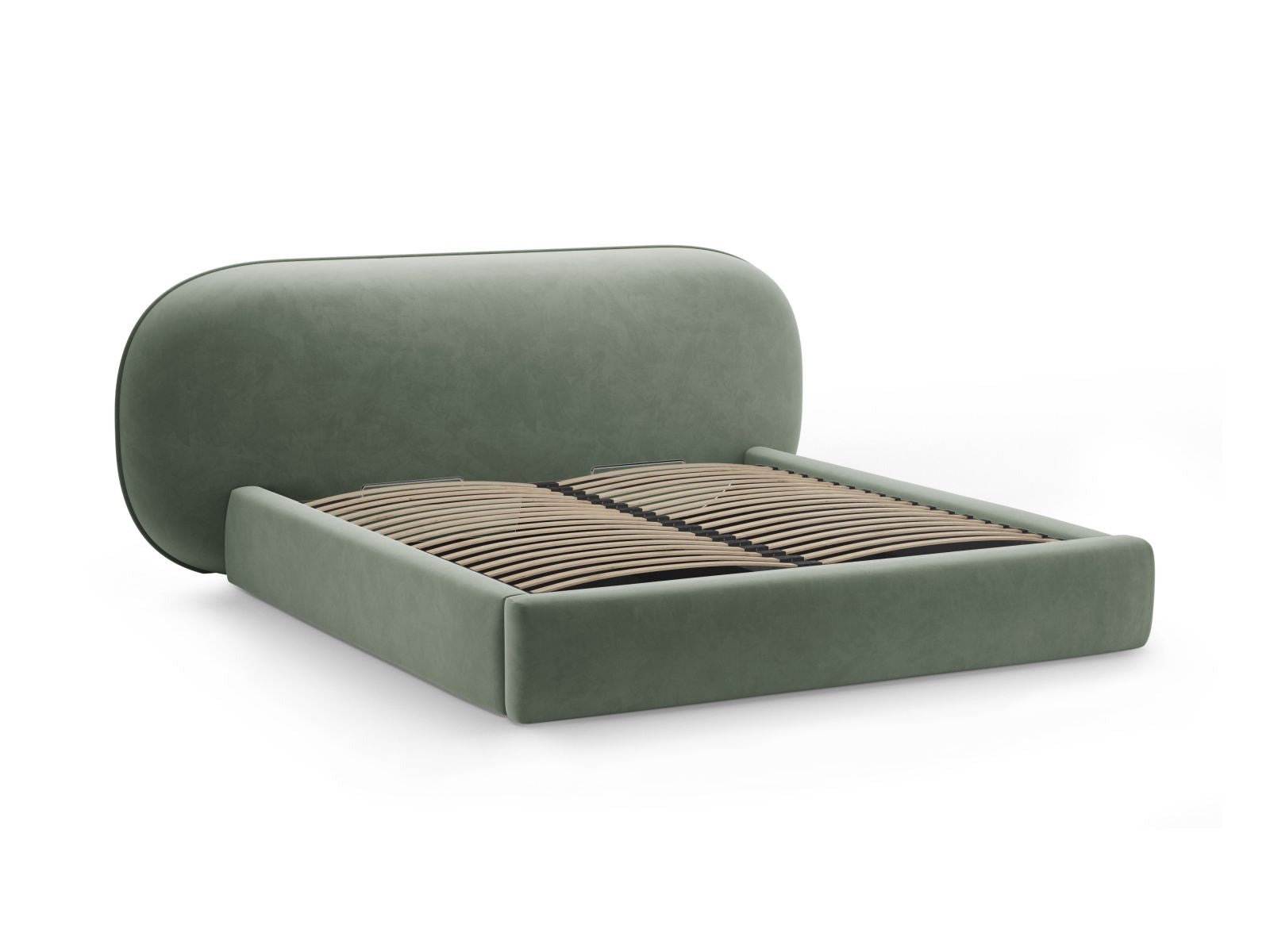 Modernes Ovalo Bett in 160 cm Breite, bietet cleveren Stauraum und ein ansprechendes Kopfteil in edlem Green-Magic Velvet.