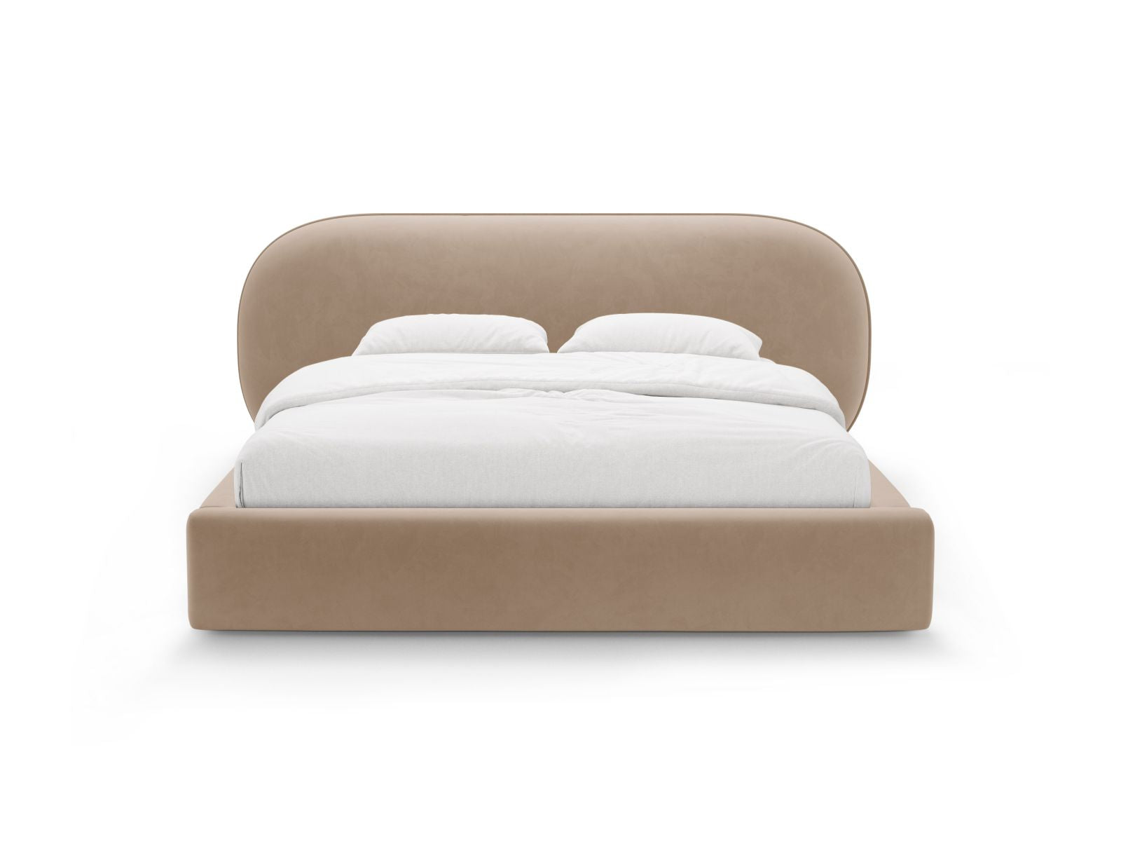 Elegantes Ovalo Bett in Almond Beige-Magic Velvet mit praktischem Stauraum und stilvollem Kopfteil, ideal für jedes Schlafzimmer.