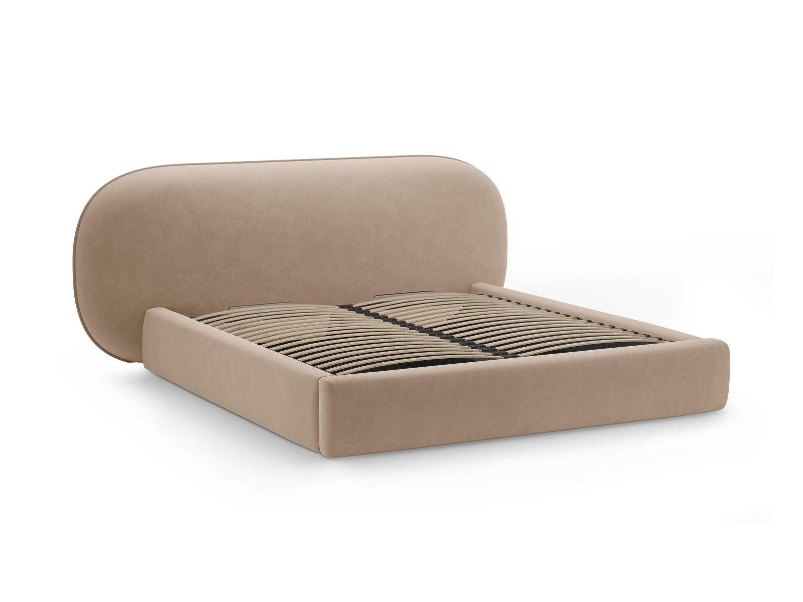Modernes Ovalo Bett in sanftem Almond Beige aus Magic Velvet, ausgestattet mit praktischem Stauraum und einem ansprechenden Kopfteil.