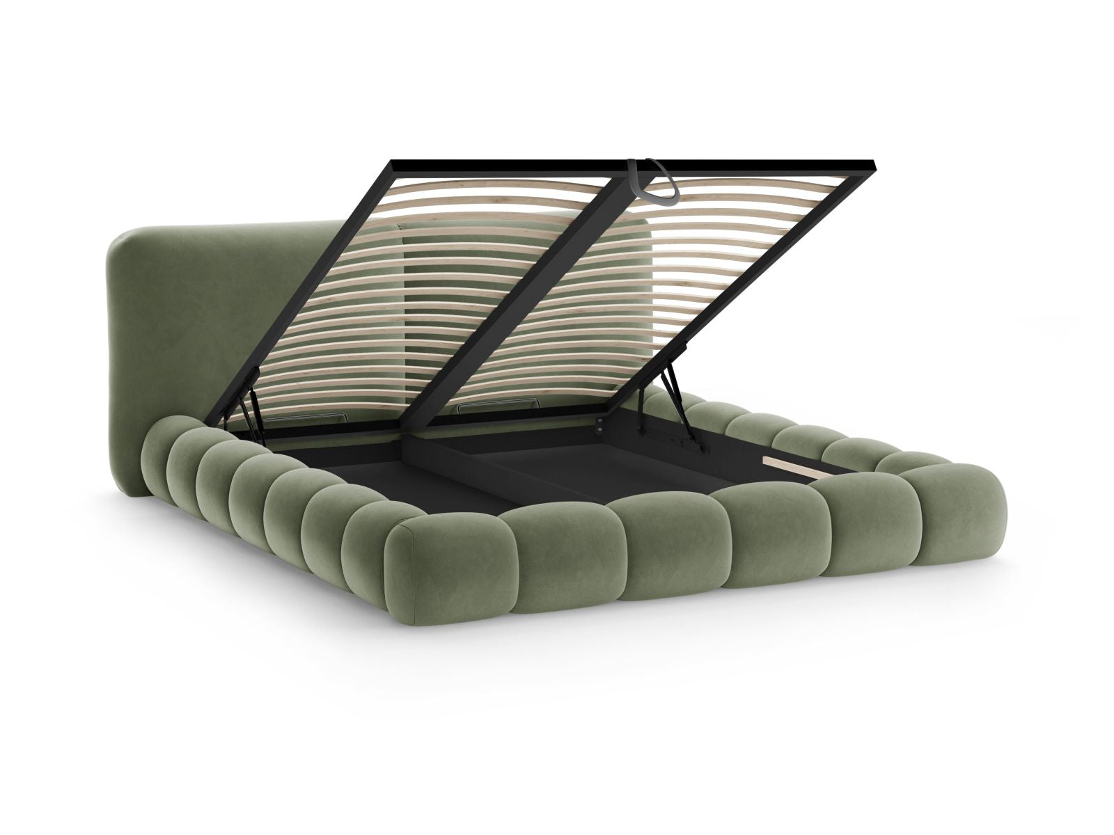Modernes Solange Bett in 160 cm, ausgestattet mit einem luxuriösen Kopfteil aus grünem Magic Velvet und praktischem Stauraum für ein aufgeräumtes Schlafzimmer.