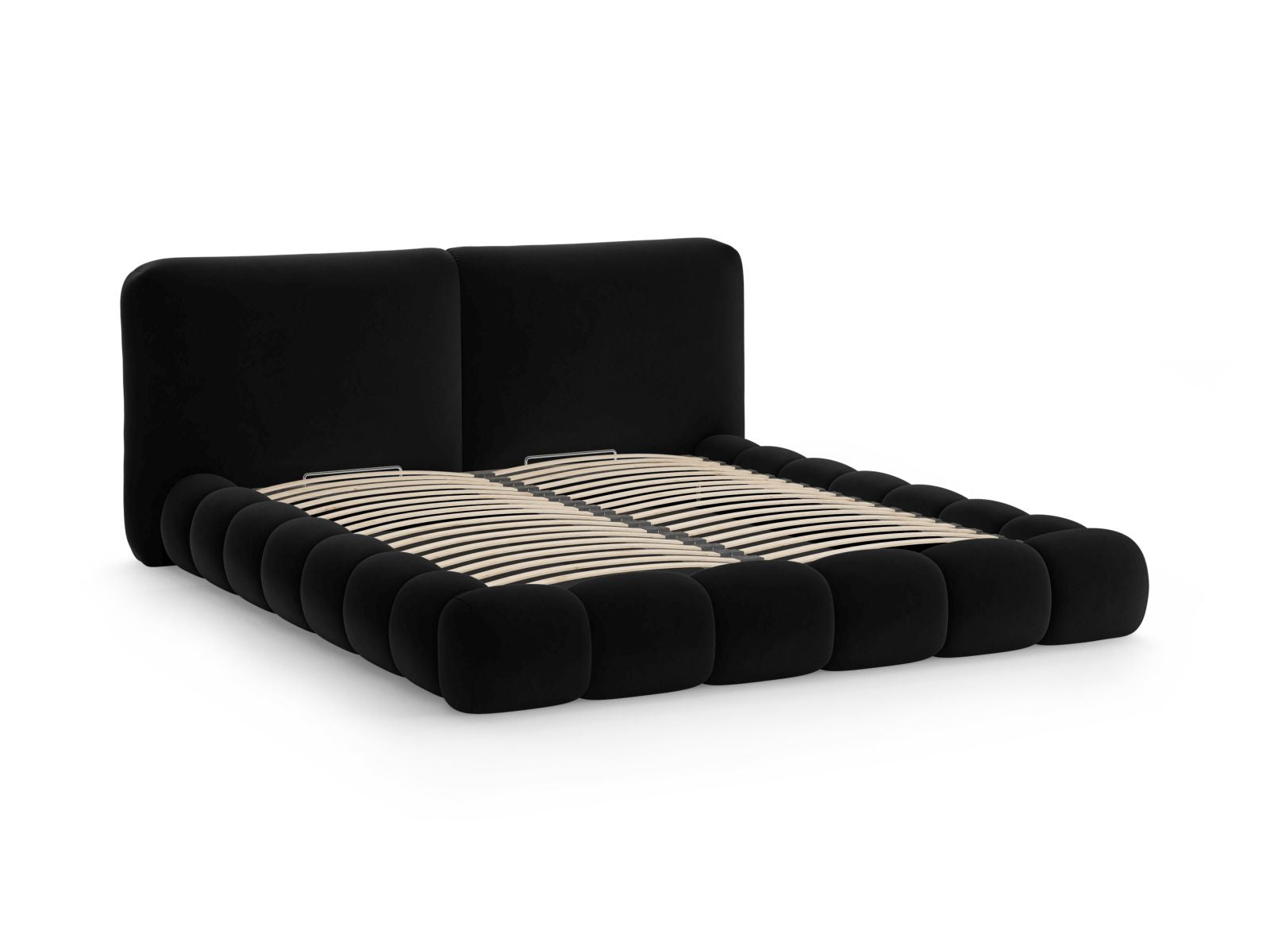 Elegantes Solange Bett mit 160 cm Breite, ausgestattet mit praktischem Stauraum und einem luxuriösen Kopfteil aus Black-Magic Velvet.
