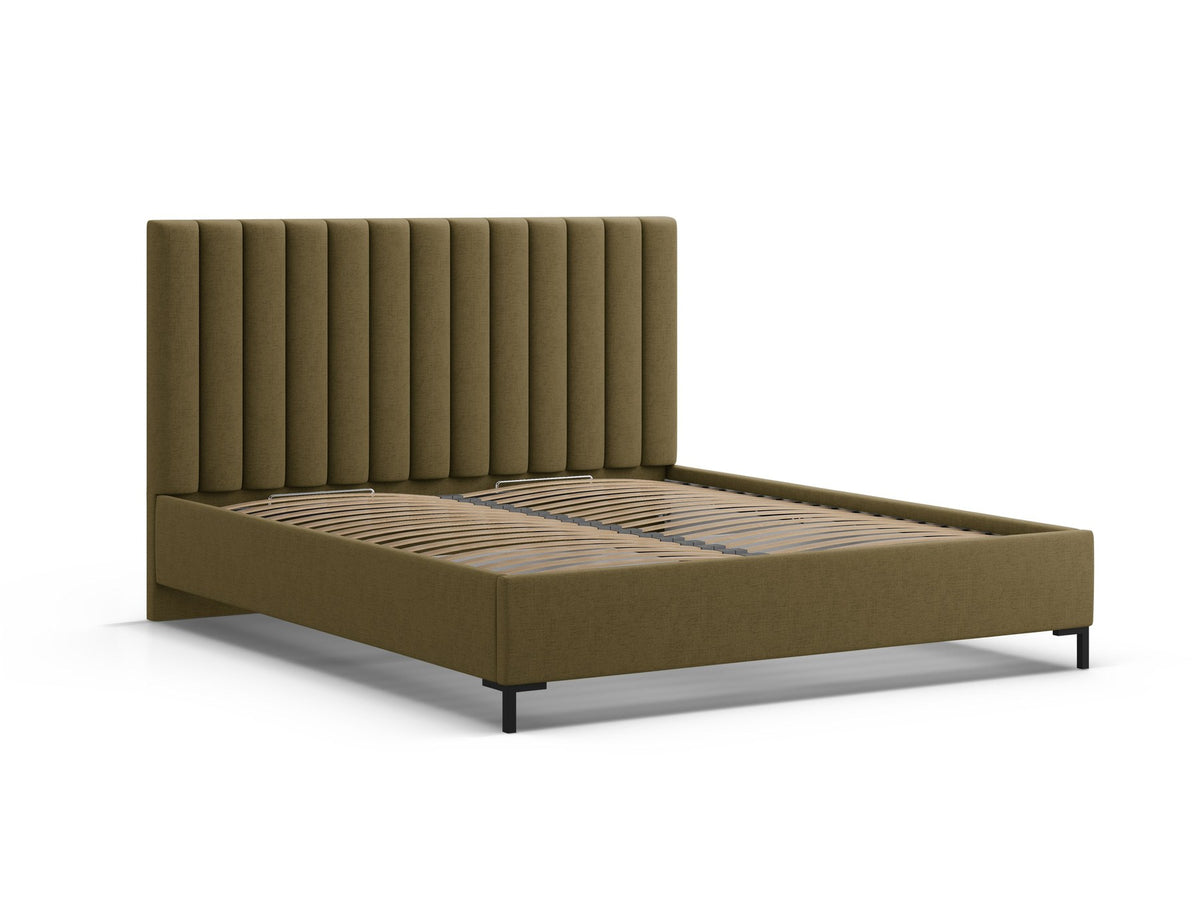 Flaschengrünes Boucle-Stauraumbett mit gepolstertem Kopfteil, Bettkasten und schwarzen Metallbeinen, Grösse 170x220x130 cm.