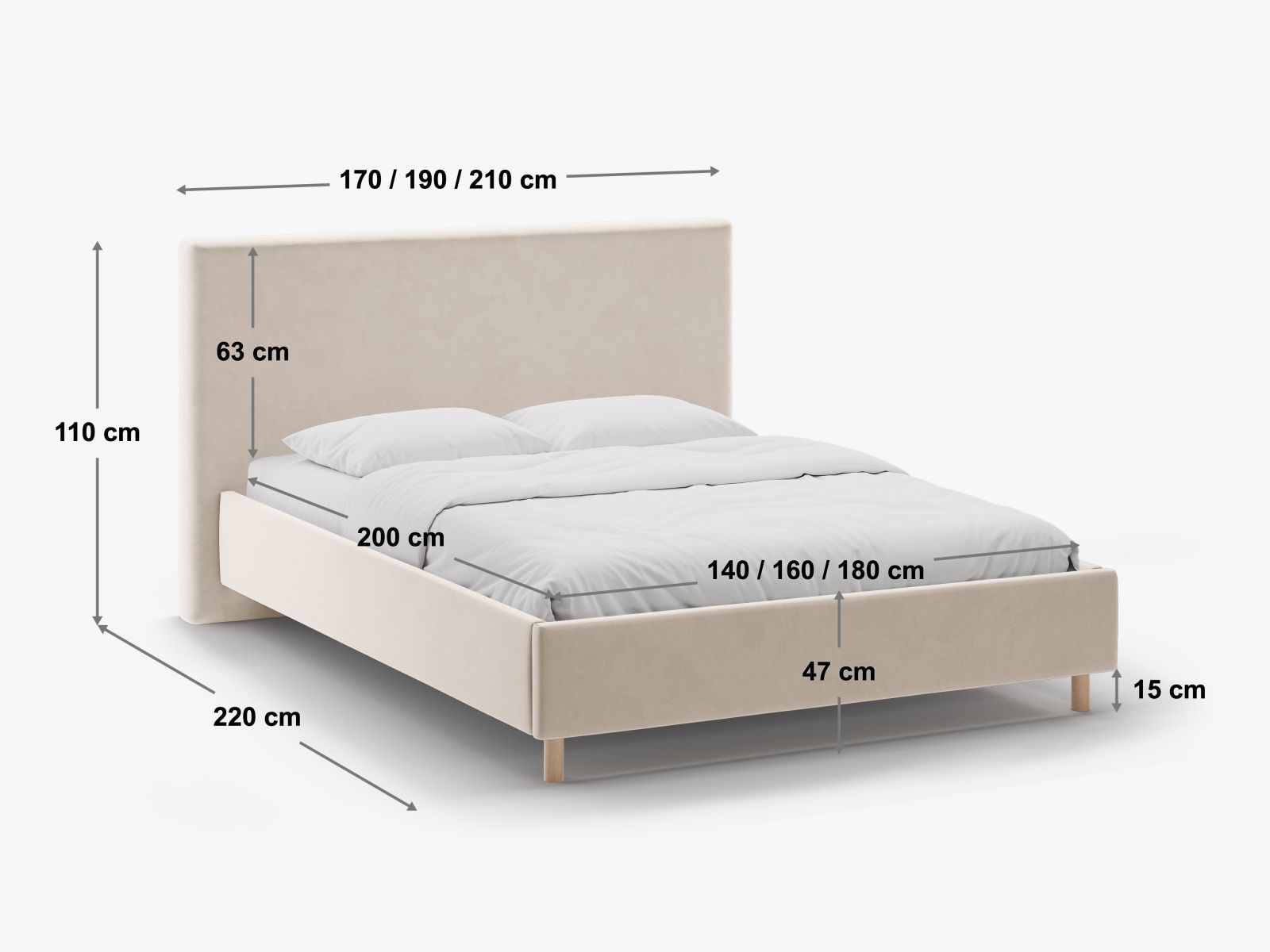 Stilvolles Eloise Bett mit integriertem Stauraum und ansprechendem Kopfteil, perfekt für eine moderne und funktionale Schlafzimmereinrichtung.