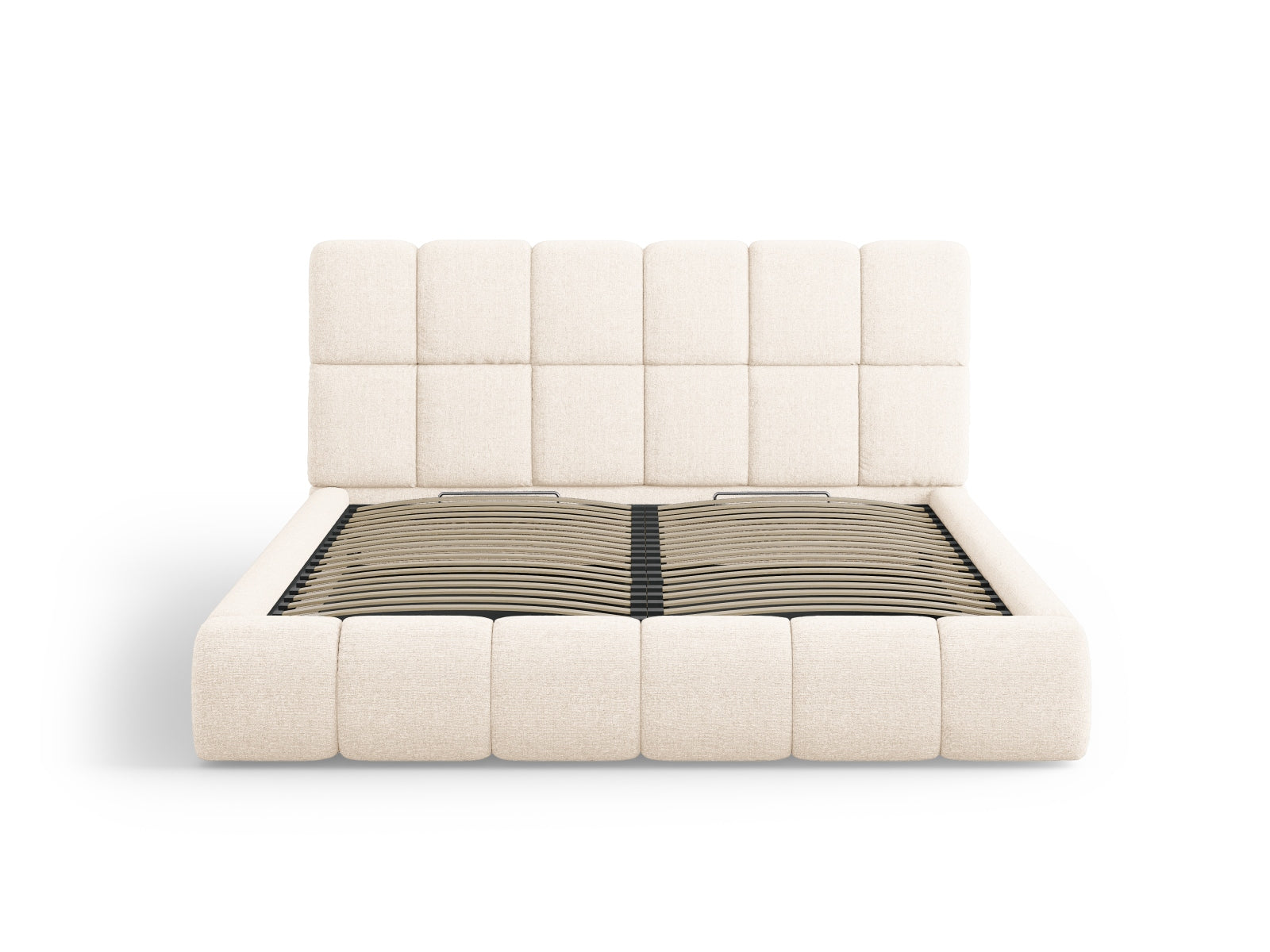 Elegantes Bellis Bett in hellem Beige, ausgestattet mit praktischem Stauraum und einem stilvollen Kopfteil für Ihr Schlafzimmer.