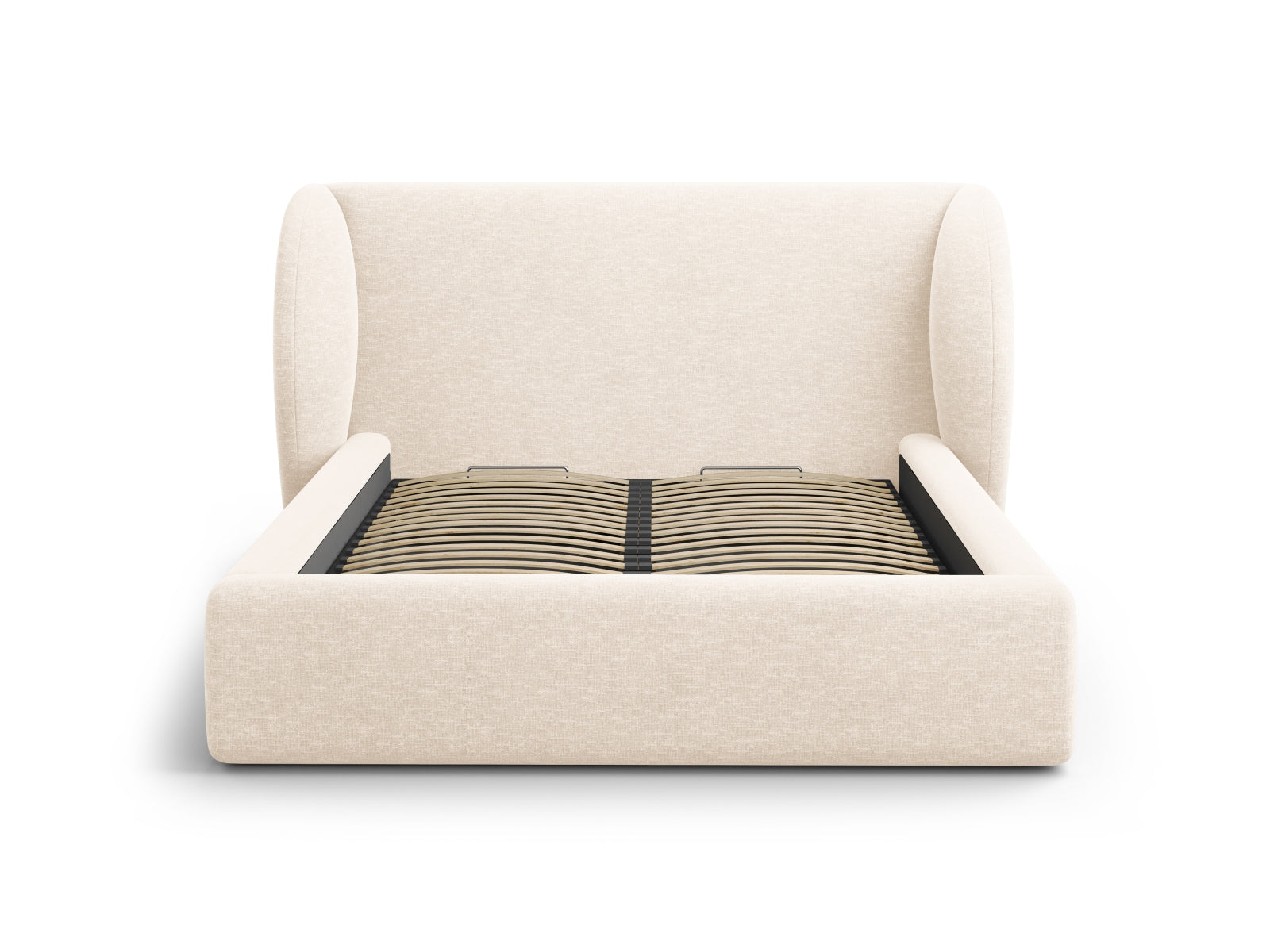 Stylisches Miley Bett in sanftem Beige, ausgestattet mit praktischem Stauraum und einem ansprechenden Kopfteil für zeitgemäße Schlafzimmer.