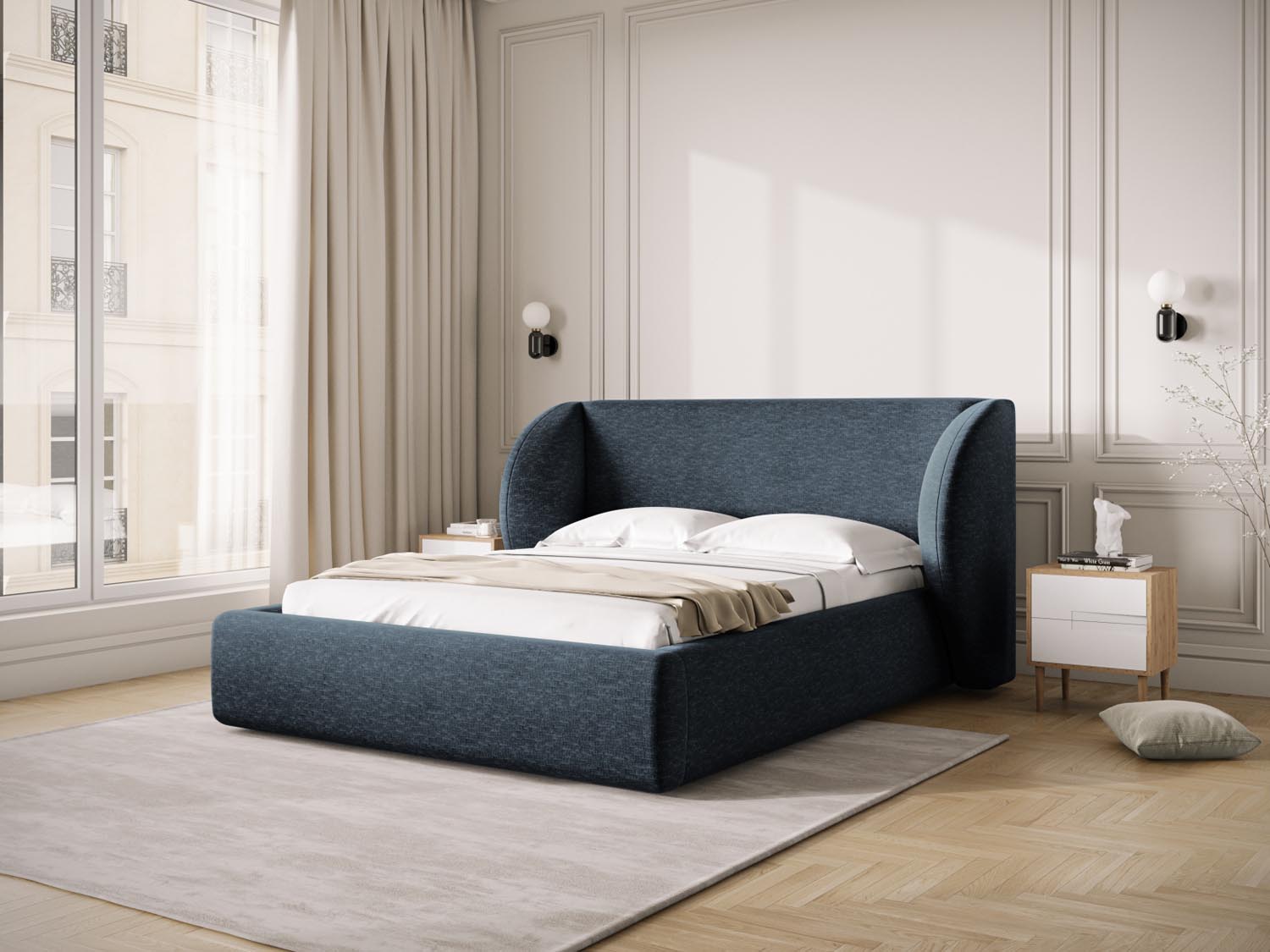 Elegantes Miley Bett in Royal Blue mit praktischem Stauraum und stilvollem Headboard, ideal für moderne Schlafzimmer.