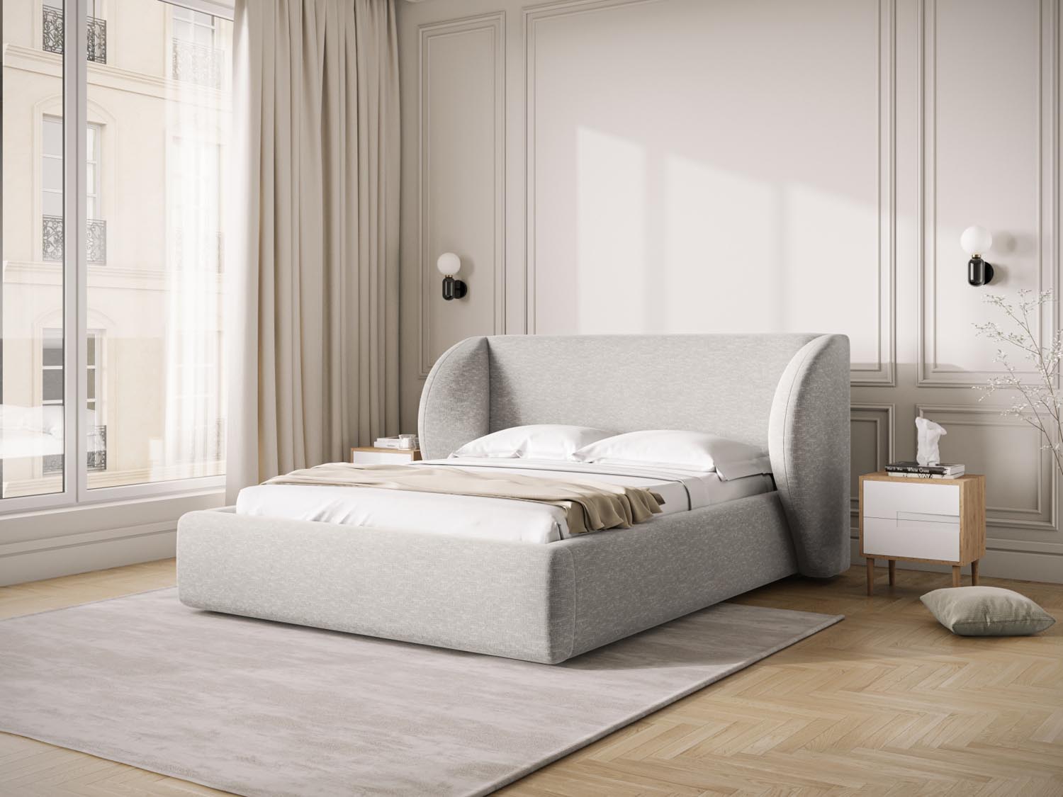Stylisches Miley Bett in Light Grey mit praktischem Stauraum und elegantem Headboard, ideal für moderne Schlafzimmer.