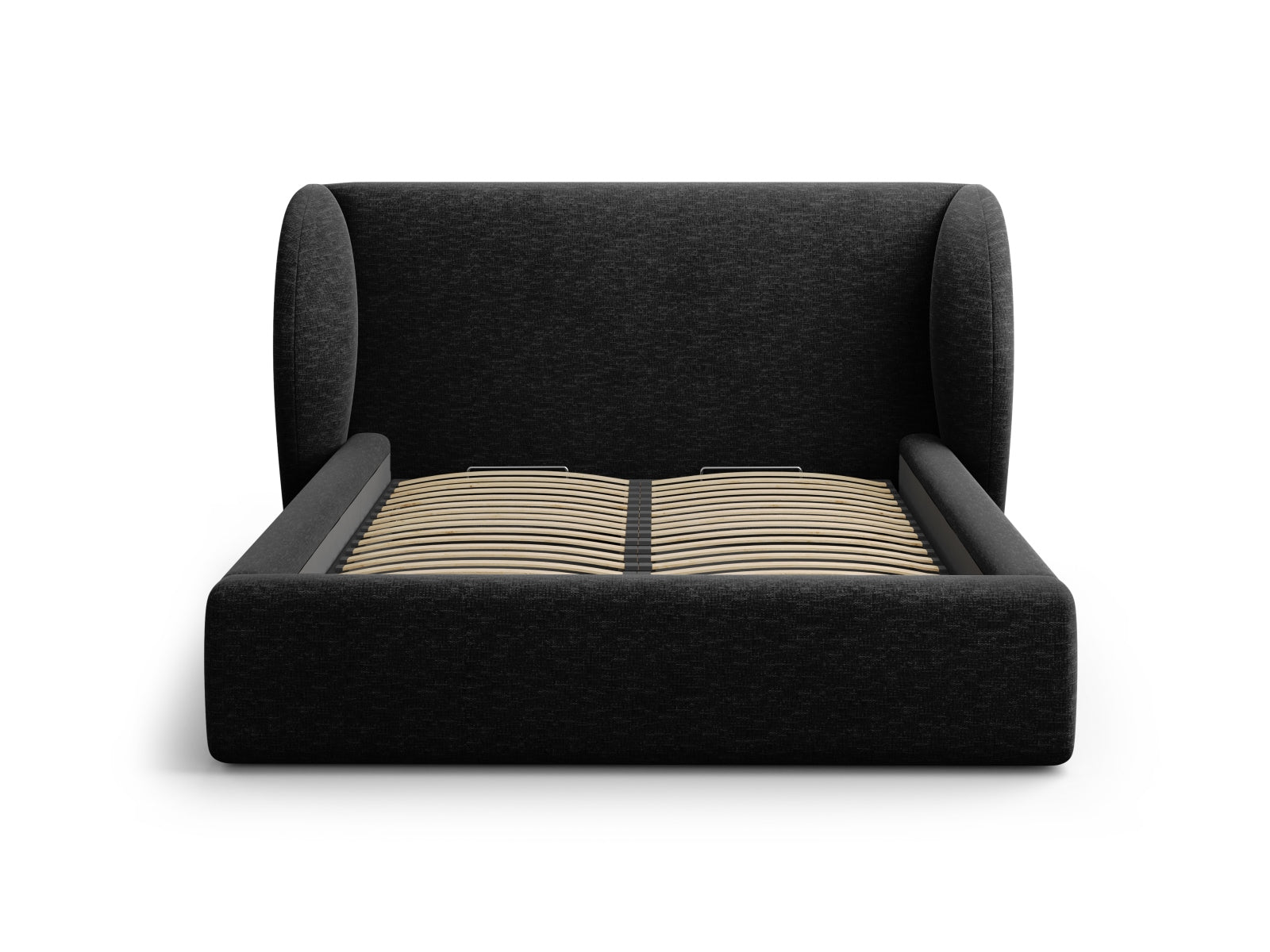 Stylisches Miley Bett mit 160 cm Breite, ausgestattet mit praktischem Stauraum und einem eleganten Kopfteil in Schwarz, perfekt für jedes Schlafzimmer.