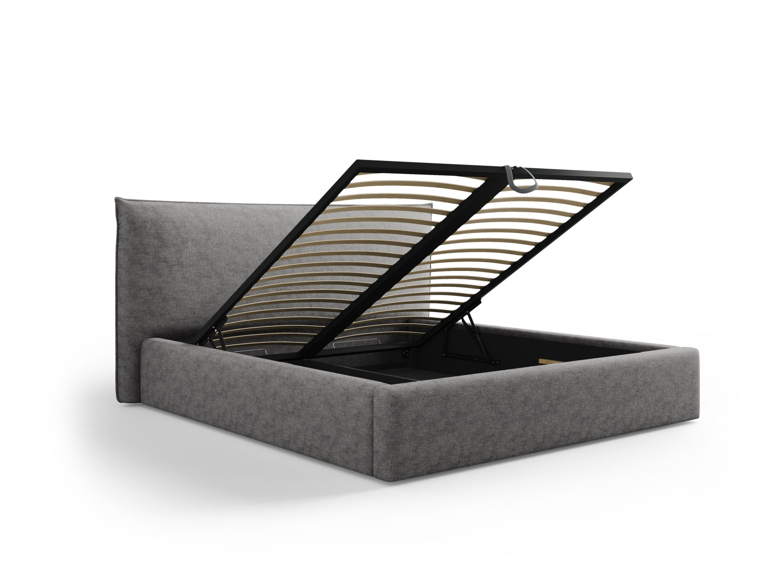 Elegantes Kaelle Bett mit praktischem Stauraum und stilvollem Kopfteil, 160 cm breit, ideal für moderne Schlafzimmer.