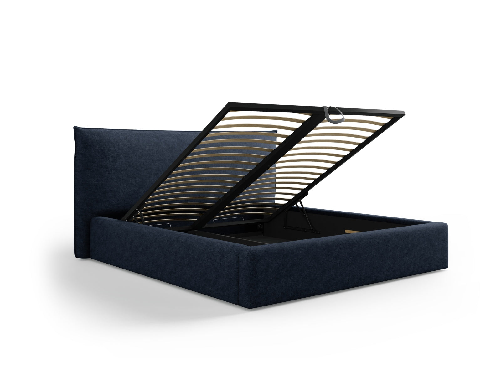 Elegantes Kaelle Bett in dunklem Blau, bietet cleveren Stauraum und ein modernes Kopfteil für ein stilvolles Schlafzimmer.