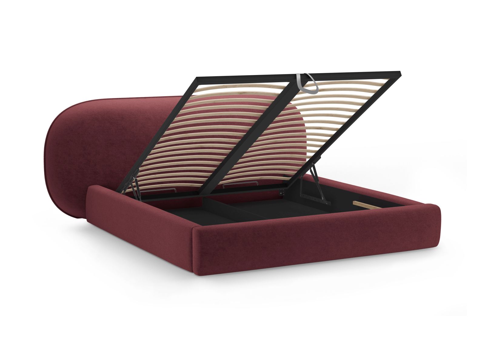Elegantes Ovalo Bett mit 160 cm Breite, integriertem Stauraum und stilvollem Kopfteil in Cherrywood für ein modernes Schlafzimmer.