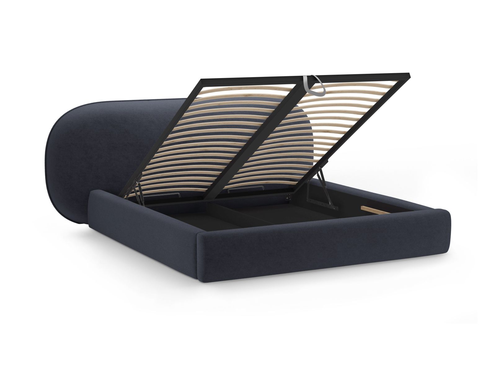 Elegantes Ovalo Bett in Dunkelblau mit integriertem Stauraum und modernem Kopfteil, ideal für stilvolle Schlafzimmergestaltung.
