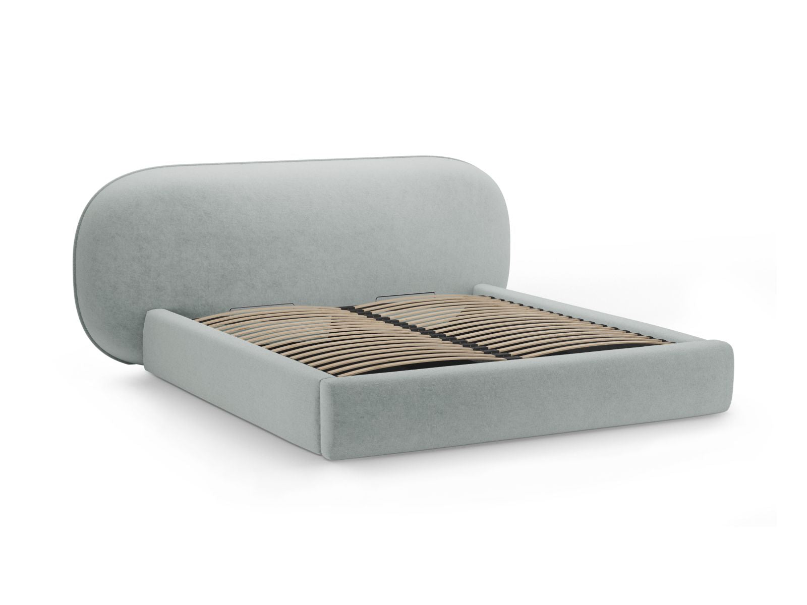 Modernes Ovalo Bett in sanftem Hellblau, 160 cm breit, mit praktischem Stauraum und geschmackvollem Kopfteil für stilvolle Schlafzimmer.
