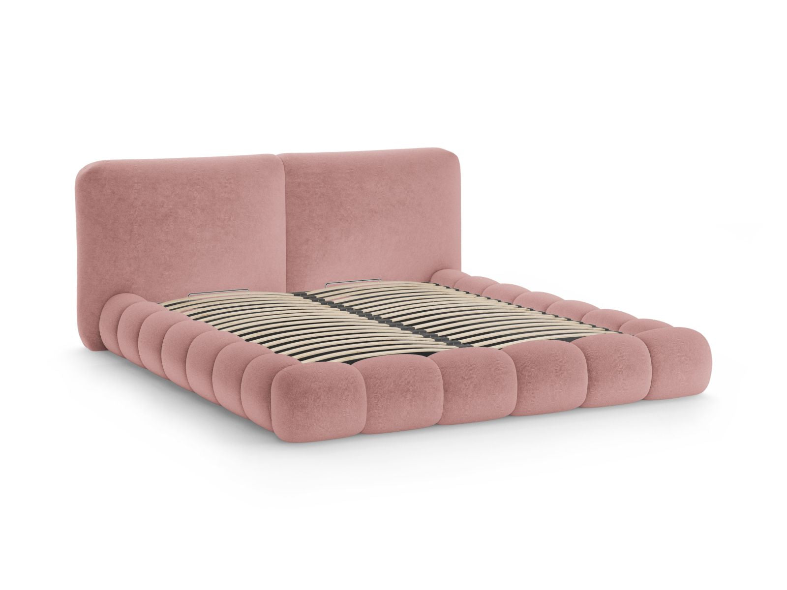 Elegantes Solange Bett in sanftem Rosa, 160 cm breit, bietet cleveren Stauraum und ein ansprechendes Kopfteil für moderne Schlafzimmer.