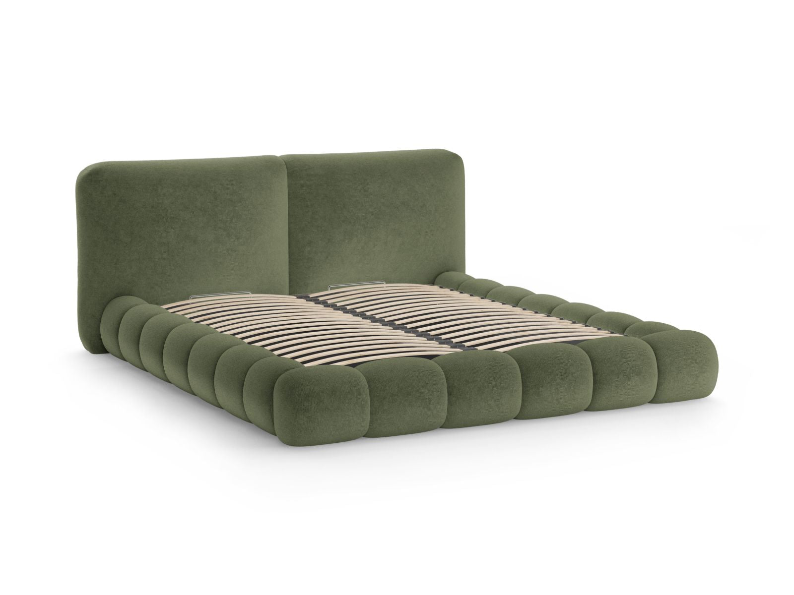 Elegantes Solange Bett in zartem Grün, 160 cm, ausgestattet mit praktischem Stauraum und einem ansprechenden Kopfteil für ein modernes Ambiente.