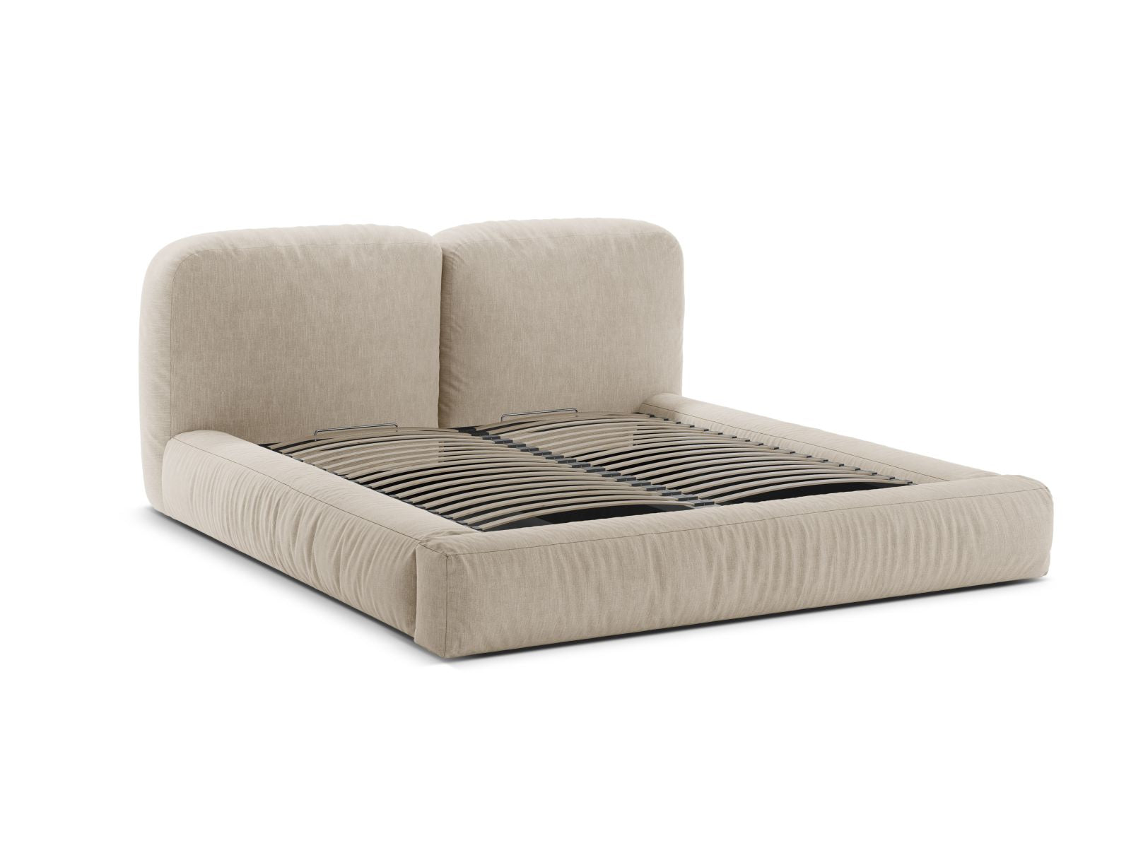 Elegantes Martina Bett in zartem Beige, ideal für moderne Schlafzimmer, bietet zusätzlichen Stauraum und ein geschmackvolles Kopfteil.