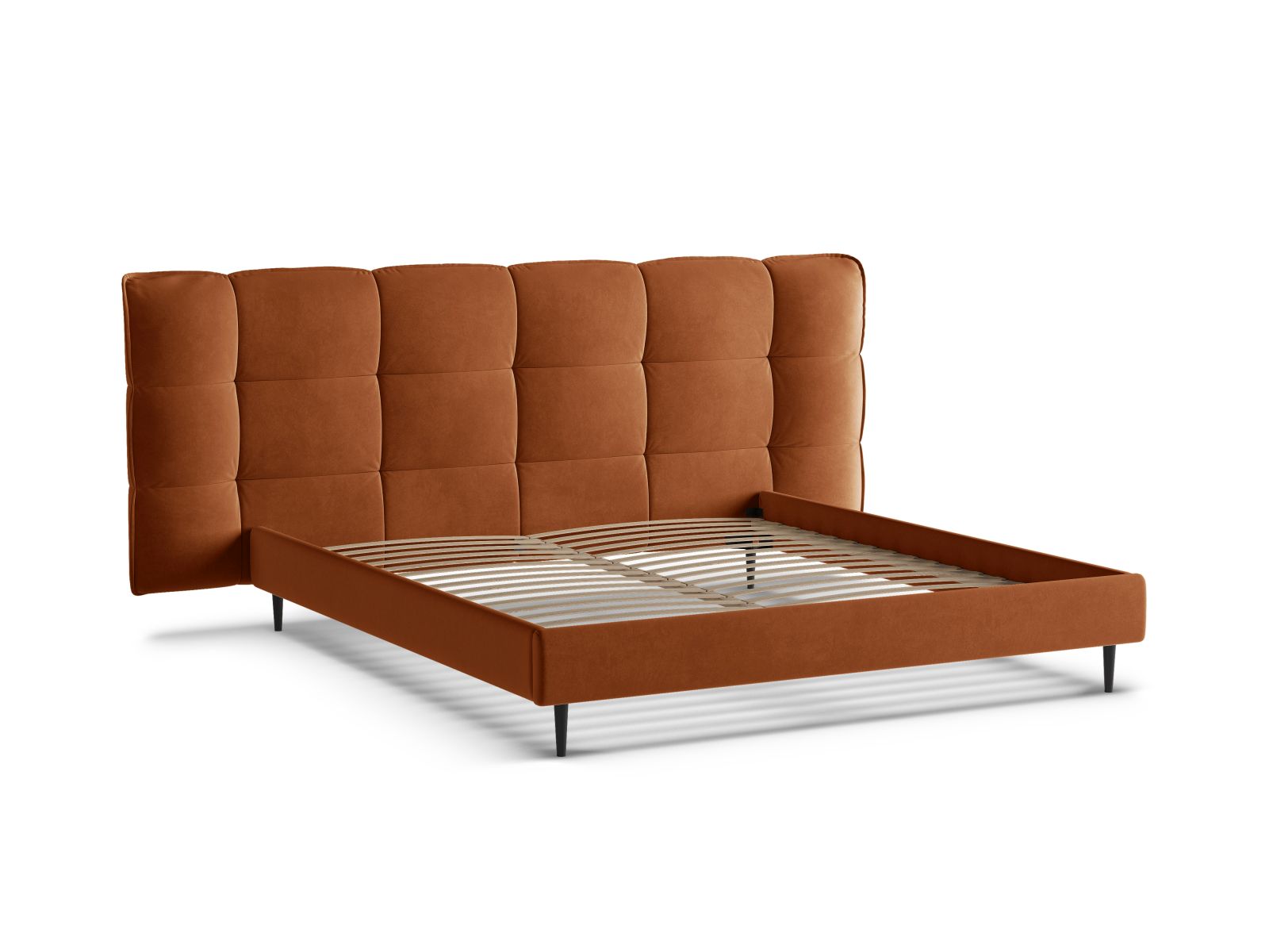 Modernes Eric Bett in sanftem Terracotta, mit funktionalen Füßen, cleverem Stauraum und einem ansprechenden Kopfteil für stilvolle Schlafzimmer.
