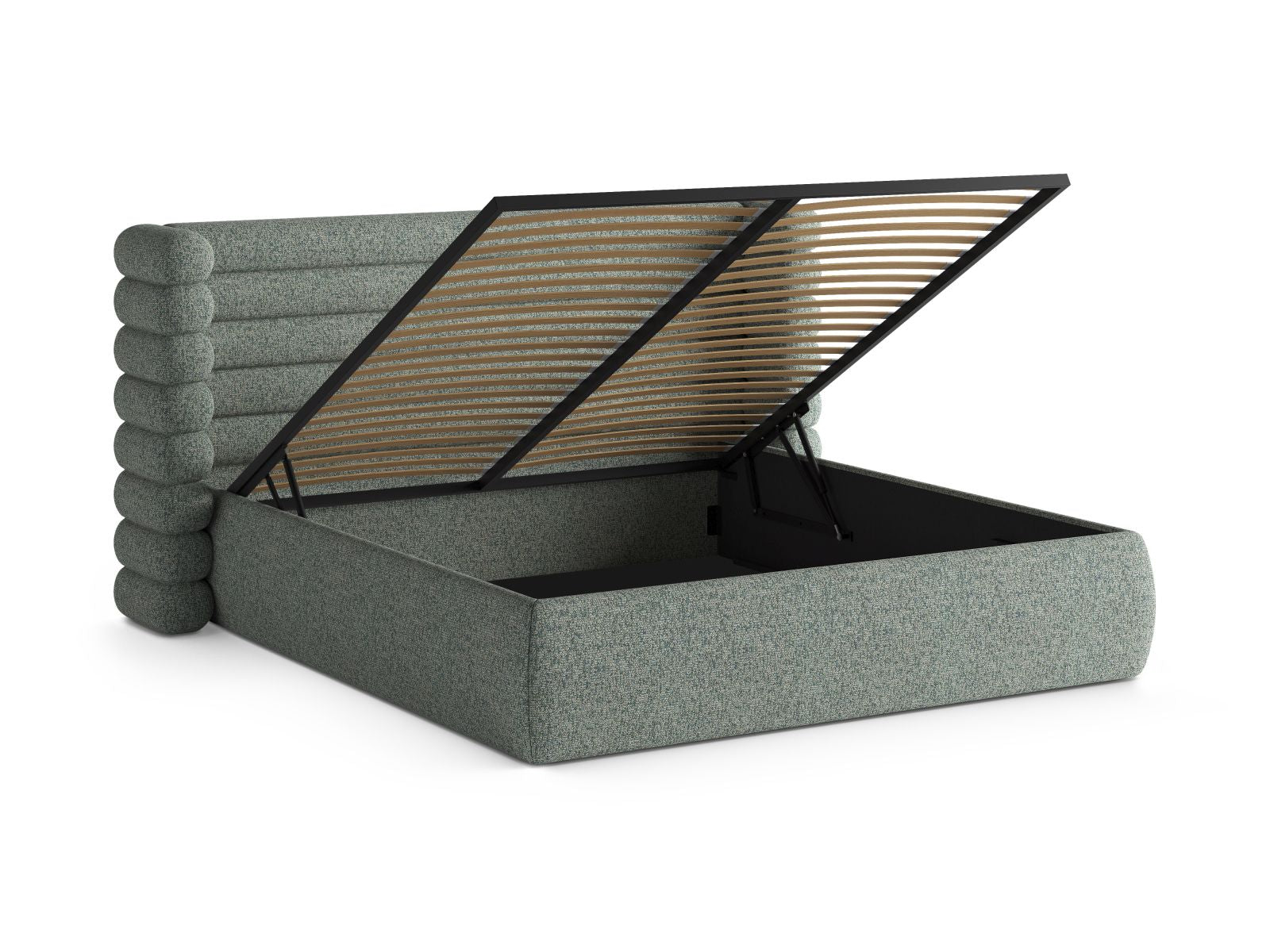 Stylisches Mount Bett in Moss Green Melange, ausgestattet mit praktischem Stauraum und einem ansprechenden Kopfteil für ein modernes Ambiente.