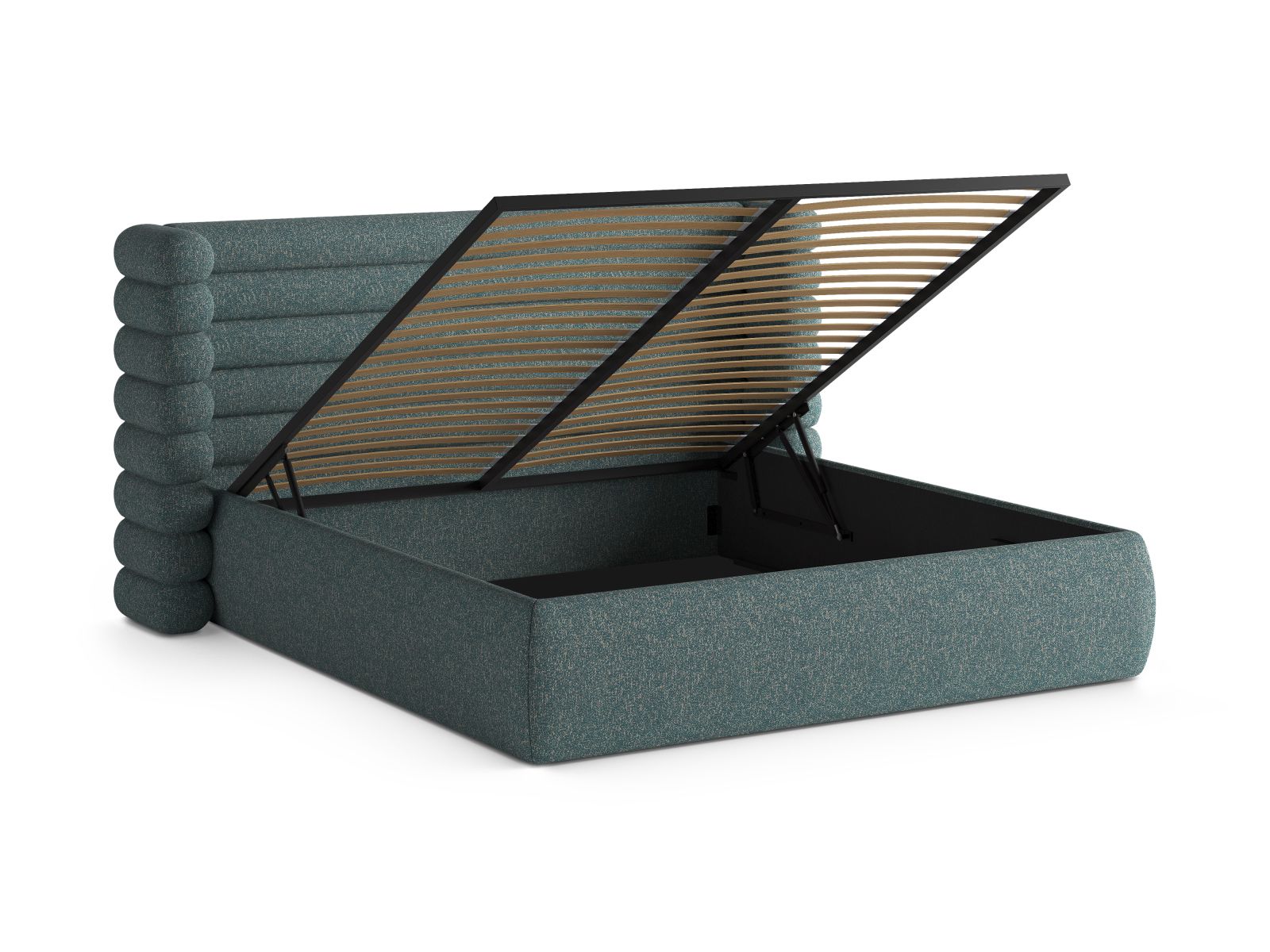 Modernes Mount Bett in 160 cm Breite, bietet stilvollen Stauraum und ein geschmackvolles Kopfteil in Blue Melange-Puente für Ihr Schlafzimmer.