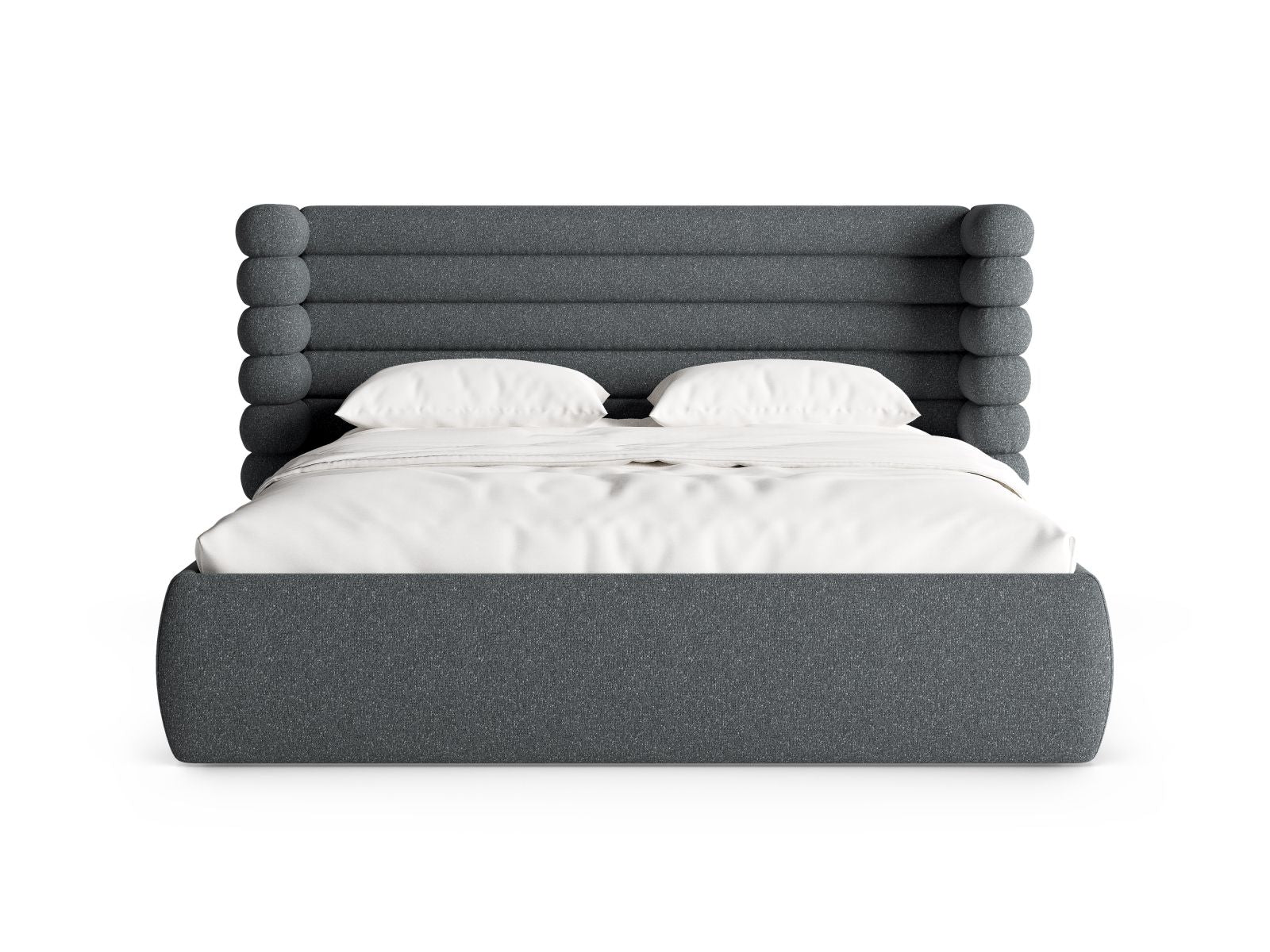 Stylisches Mount Bett mit praktischem Stauraum und elegantem Kopfteil in Dunkelgrau, ideal für moderne Schlafzimmer. Von Micadoni.