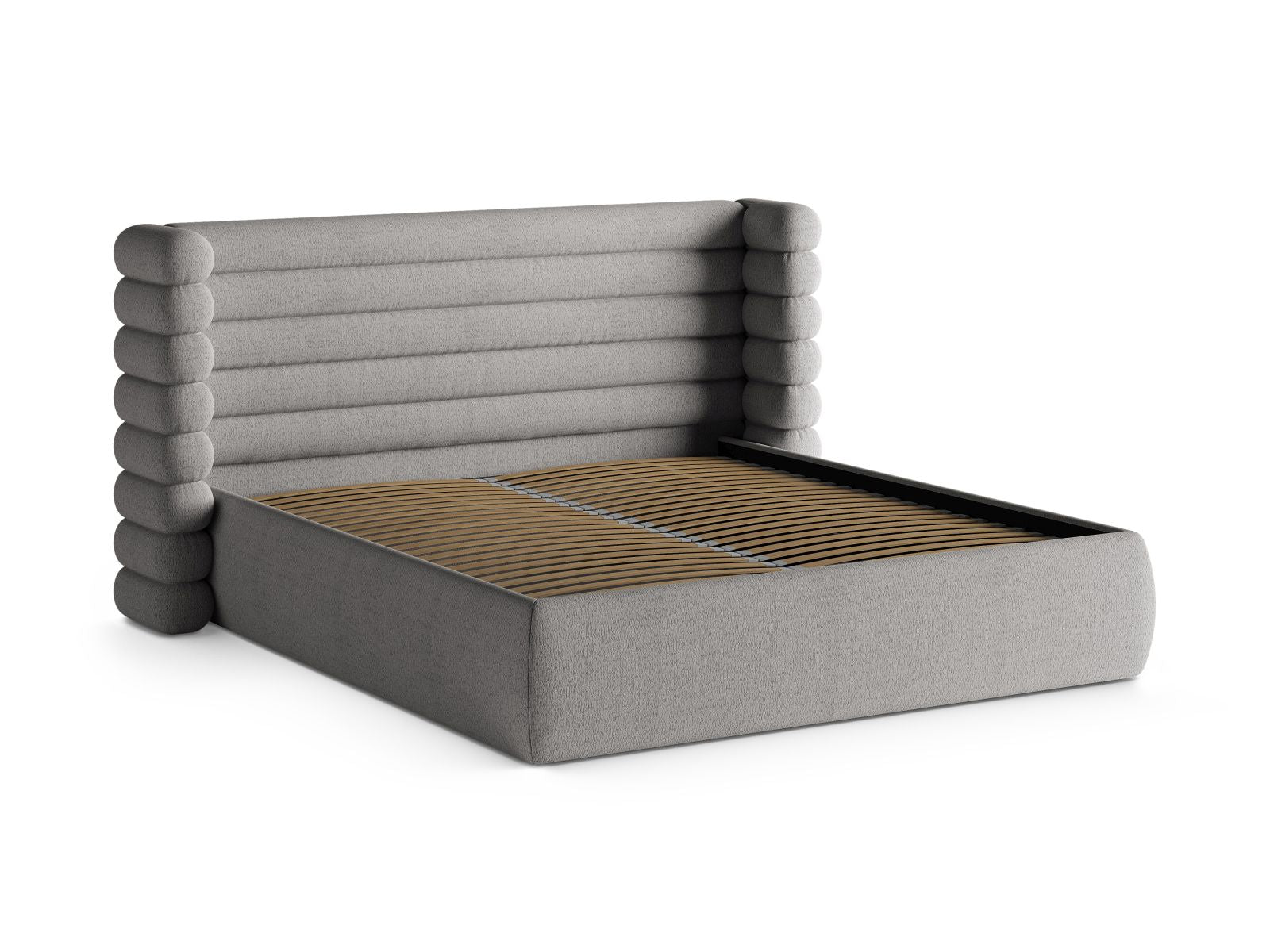 Elegantes Mount Bett mit 160 cm Breite, bietet praktischen Stauraum und ein geschmackvolles graues Kopfteil, ideal für stilvolle Schlafzimmer.