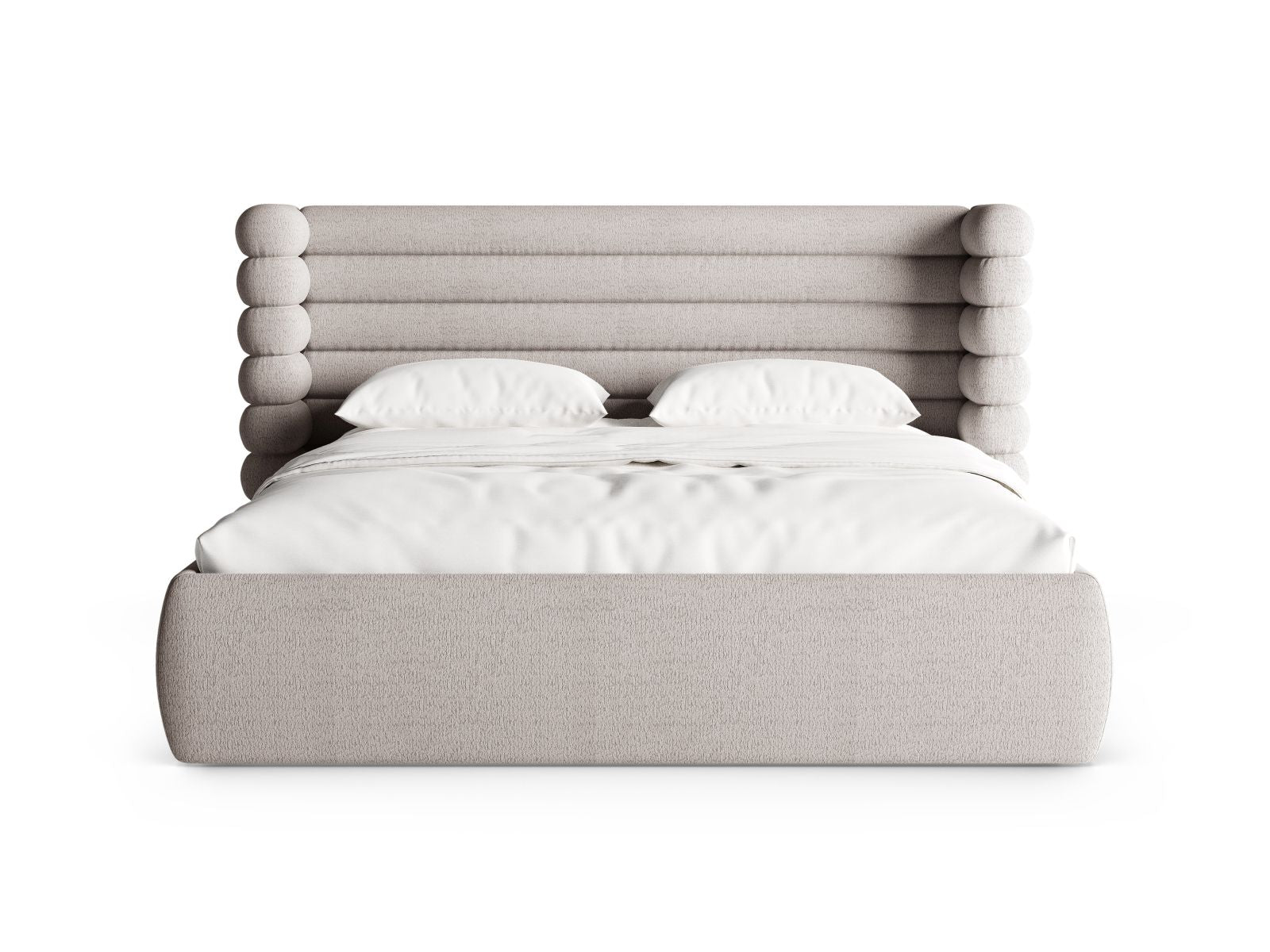 Elegantes Mount Bett in Warm Grey mit praktischem Stauraum und stilvollem Kopfteil, ideal für moderne Schlafzimmer. Von Micadoni.
