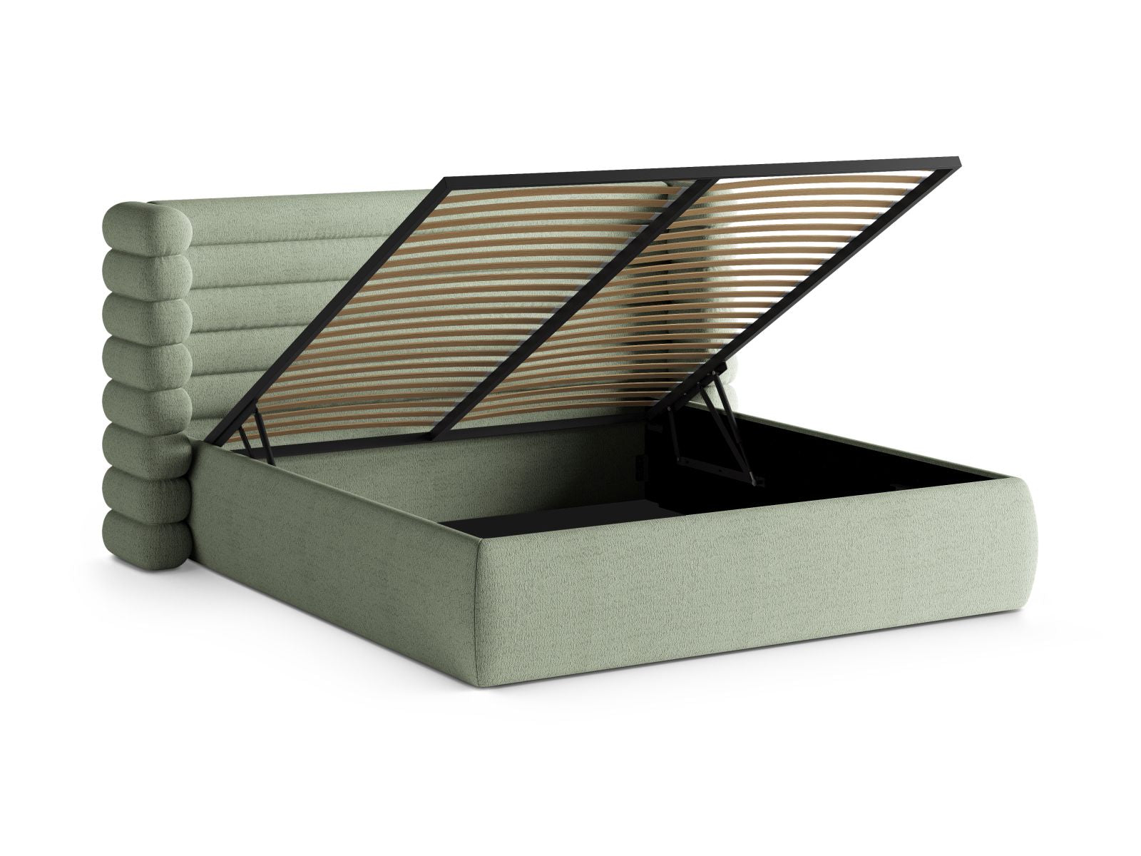 Stylisches Mount Bett in Mint-CORAL, ausgestattet mit praktischem Stauraum und einem ansprechenden Kopfteil, perfekt für zeitgemäße Schlafzimmer.