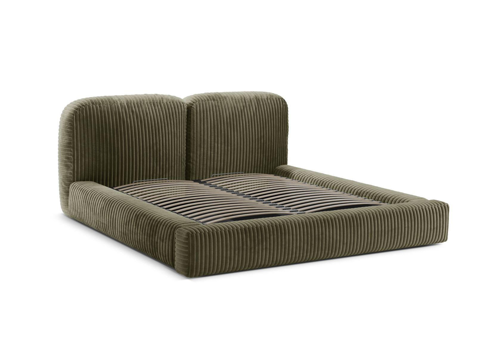 Elegantes Martina Bett in sanftem Moss Green, ideal für stilvolle Schlafzimmer, bietet praktischen Stauraum und ein geschmackvolles Kopfteil.