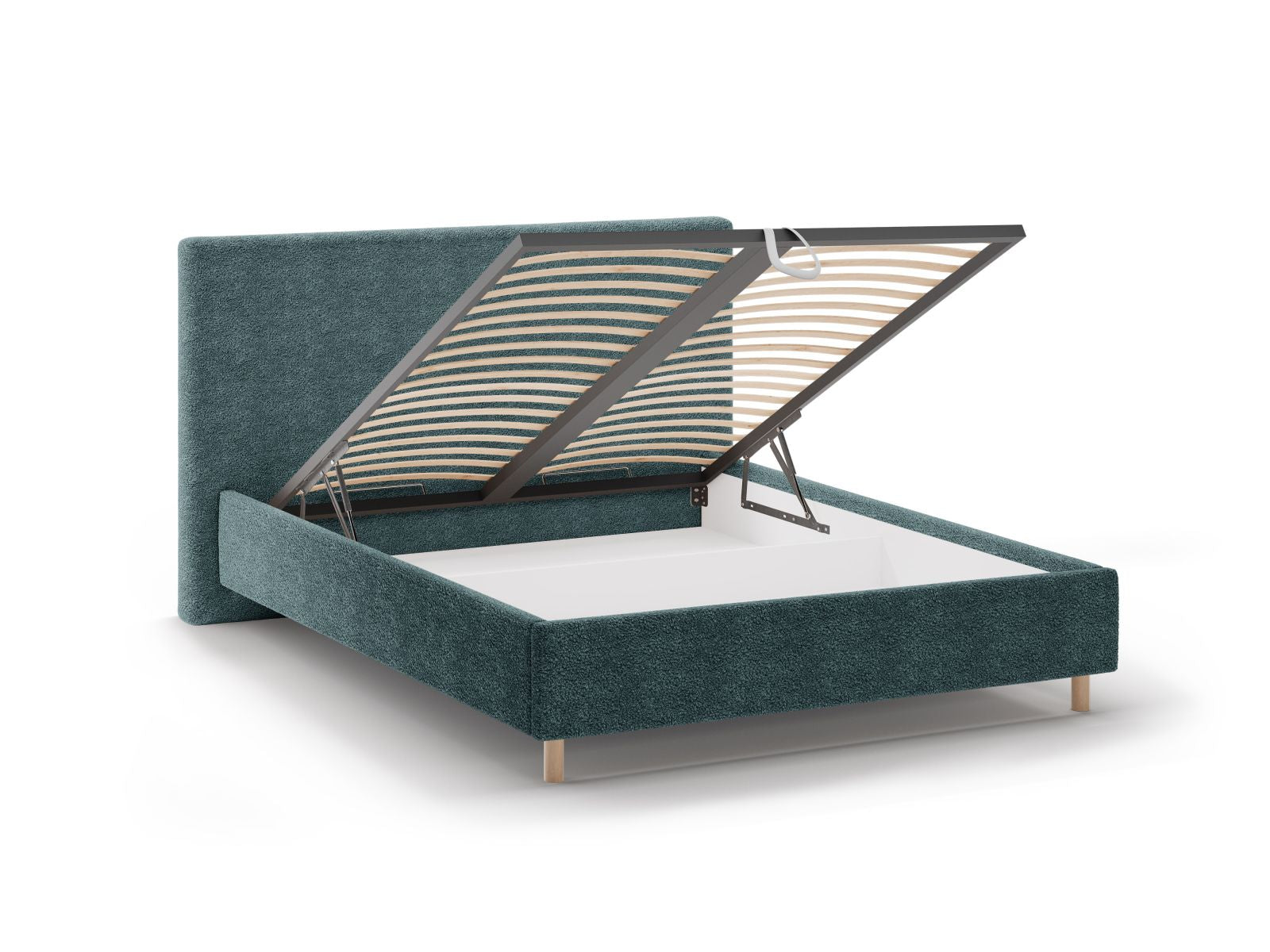 Stylisches Eloise Bett in Petrol mit integriertem Stauraum und modernem Kopfteil, perfekt für eine funktionale und ansprechende Schlafzimmereinrichtung.
