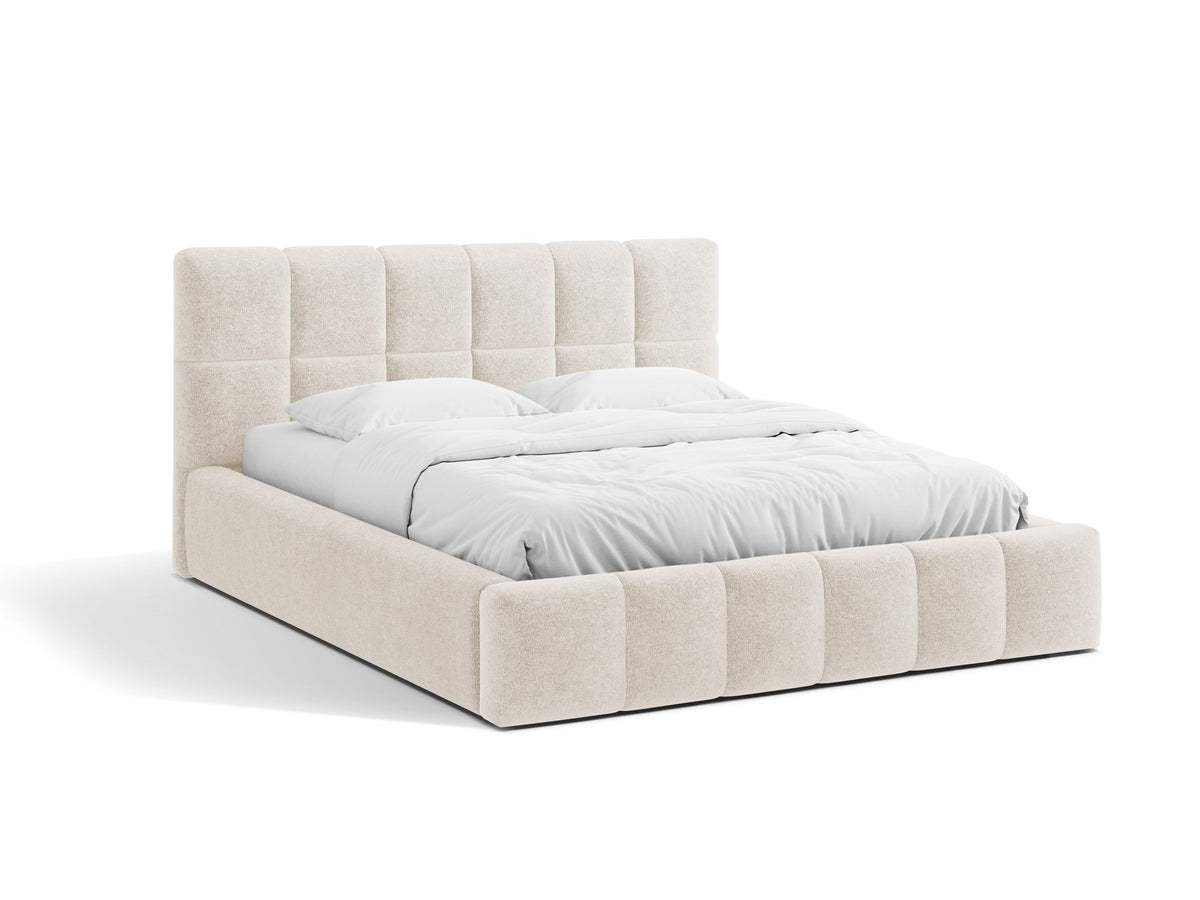 Polsterbett Bellis mit hohem Kopfteil, Bezug aus Chenille-Stoff Eden in Leichtes beige, schwarze Kunststoffbeine, Bettkasten mit Frontöffnung
