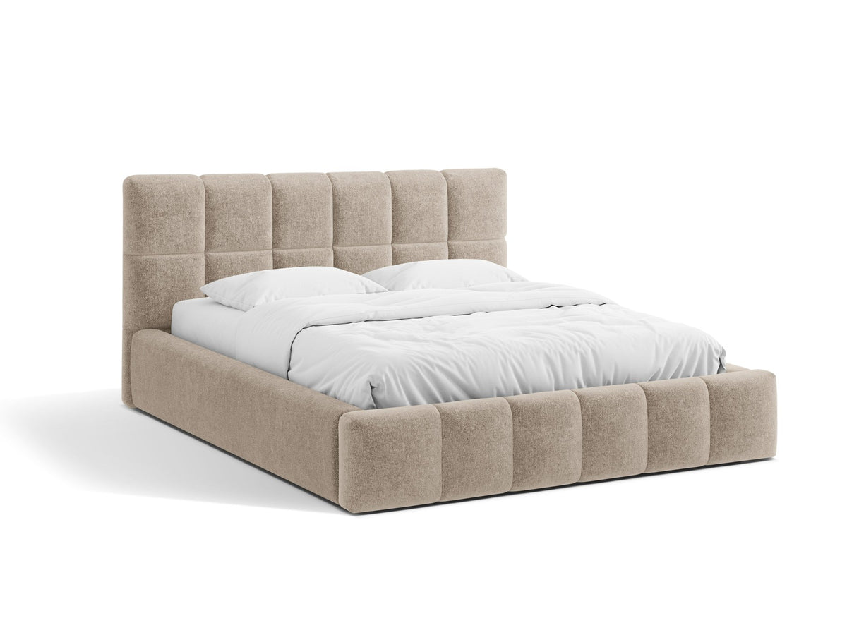 Polsterbett Bellis mit hohem Kopfteil, Bezug aus Chenille-Stoff Eden in Leichtes beige, schwarze Kunststoffbeine, Bettkasten mit Frontöffnung