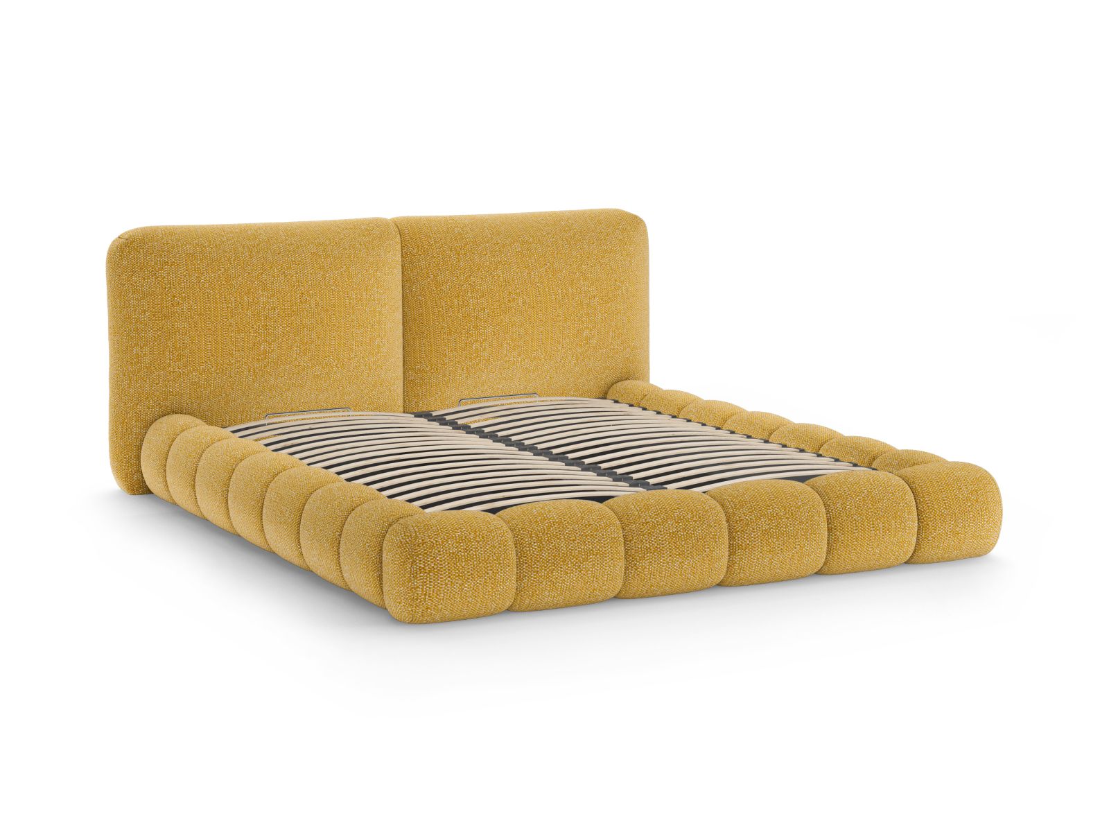 Elegantes Solange Bett in warmem Senfgelb, 160 cm, bietet cleveren Stauraum und ein geschmackvolles Kopfteil für zeitgemäße Schlafzimmergestaltung.