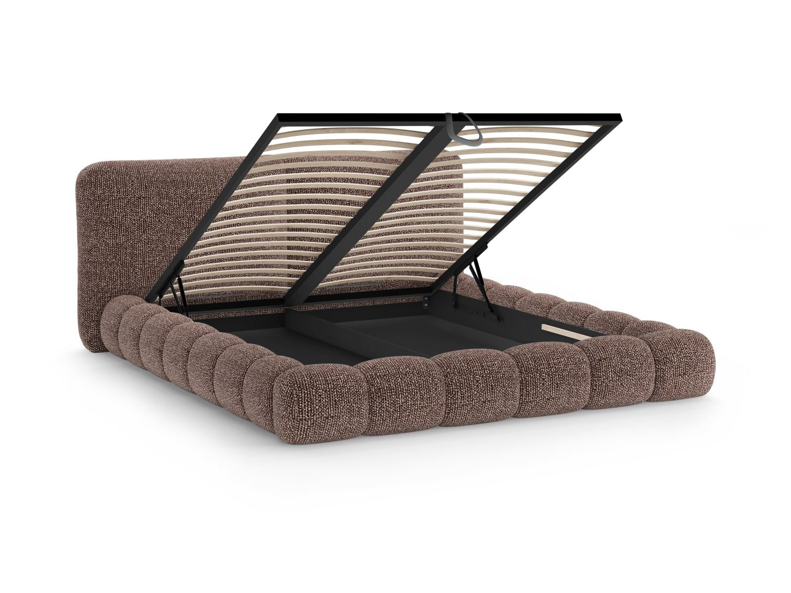 Modernes Solange Bett in 160 cm Breite, bietet cleveren Stauraum und ein ansprechendes Kopfteil in Braun, perfekt für stilvolle Schlafzimmer.