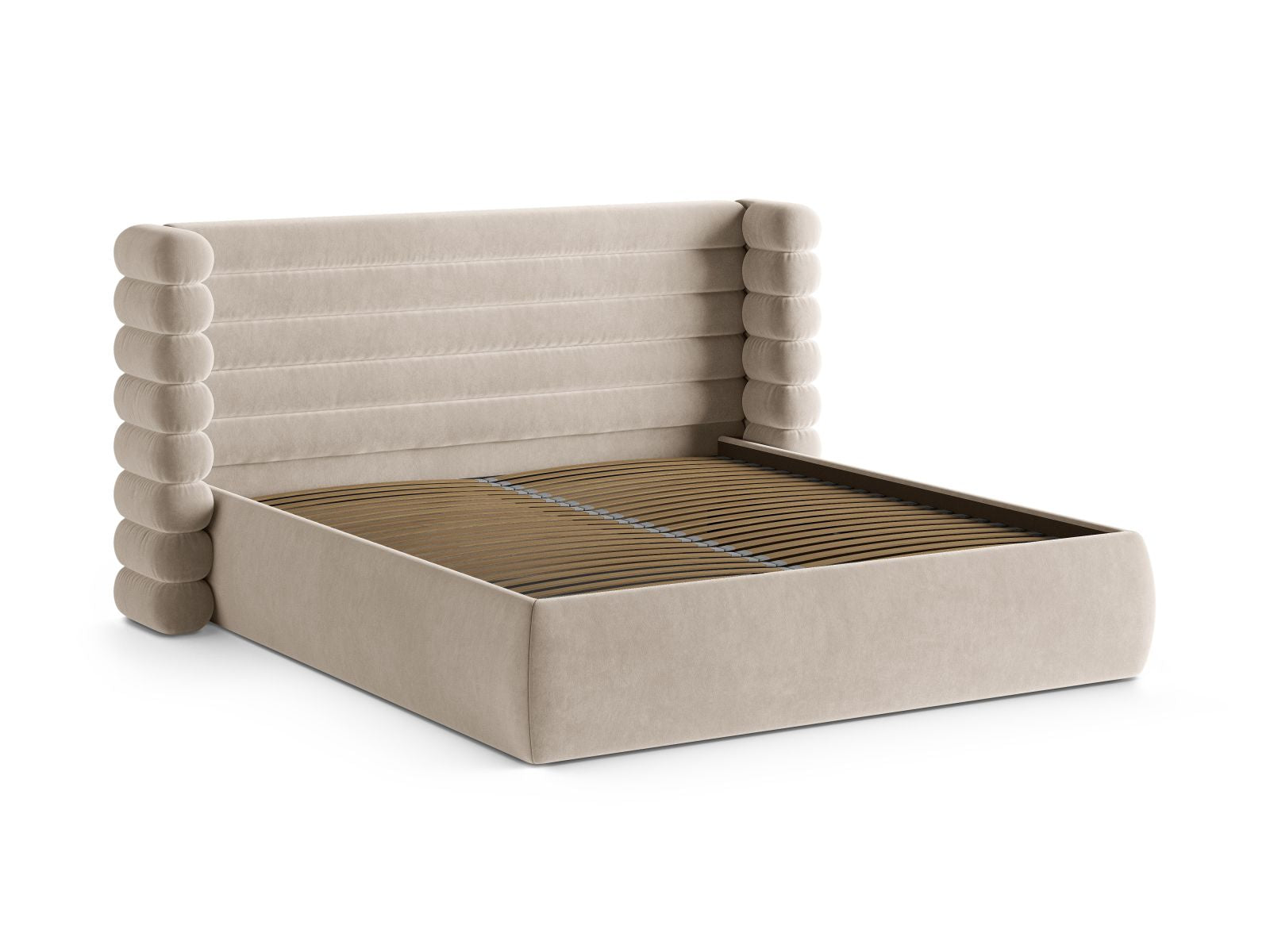 Beige Mount Bett von Micadoni mit integriertem Stauraum und geschmackvollem Kopfteil, ideal für funktionale und stilvolle Schlafzimmer.