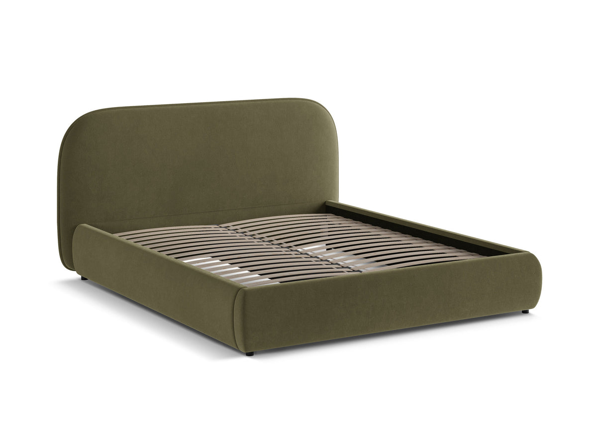 Murada Bett von Micadoni mit gepolstertem Kopfteil, Gestell aus Möbelplatte und Sperrholzlatten, schwarzen Kunststoffbeinen, Farbe Light Beige Melange-Tracy.