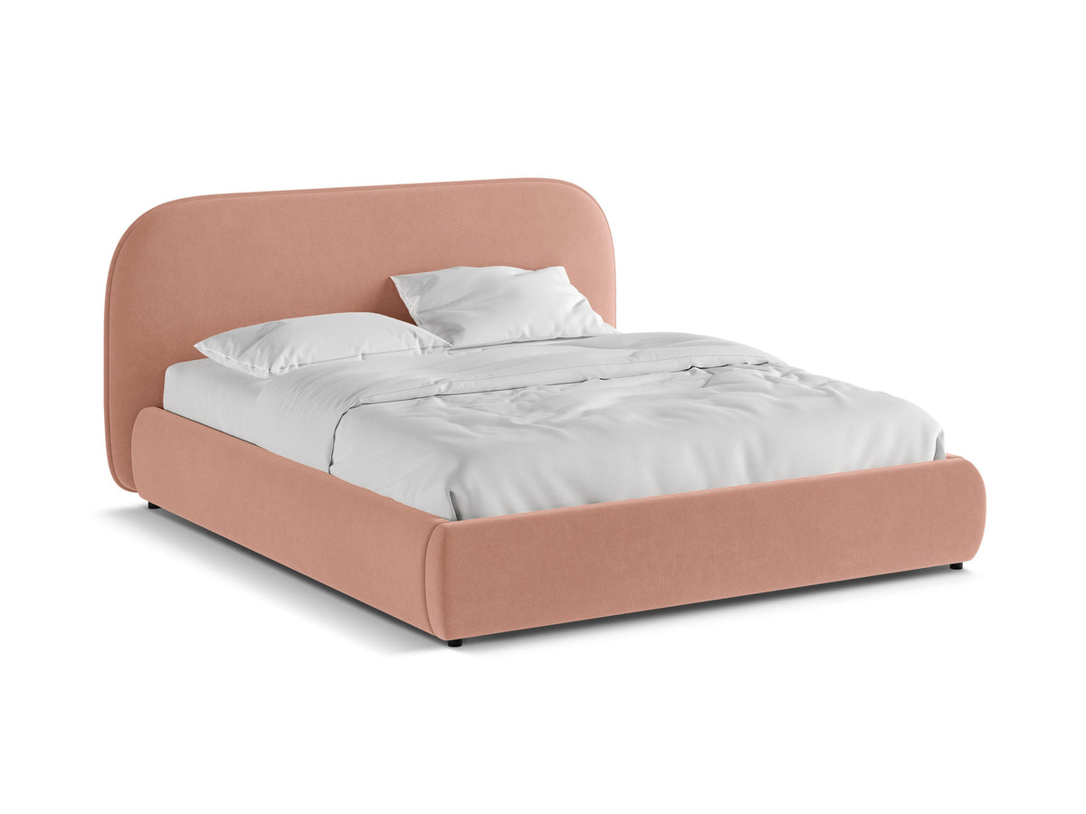 Murada Bett von Micadoni mit gepolstertem Kopfteil, Gestell aus Möbelplatte und Sperrholzlatten, schwarzen Kunststoffbeinen, Farbe Light Beige Melange-Tracy.