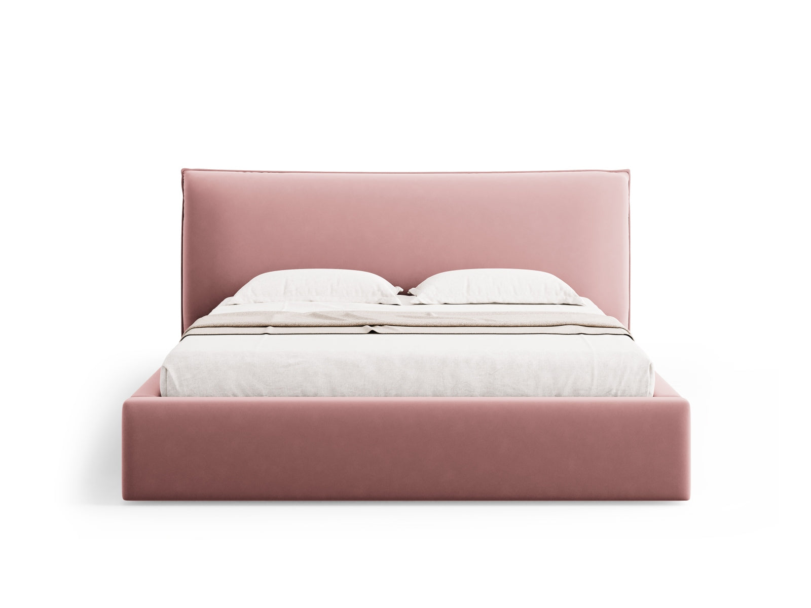 Stylisches Kaelle Velour Bett in sanften Pink- und Blautönen, ausgestattet mit praktischem Stauraum und einem eleganten Kopfteil.