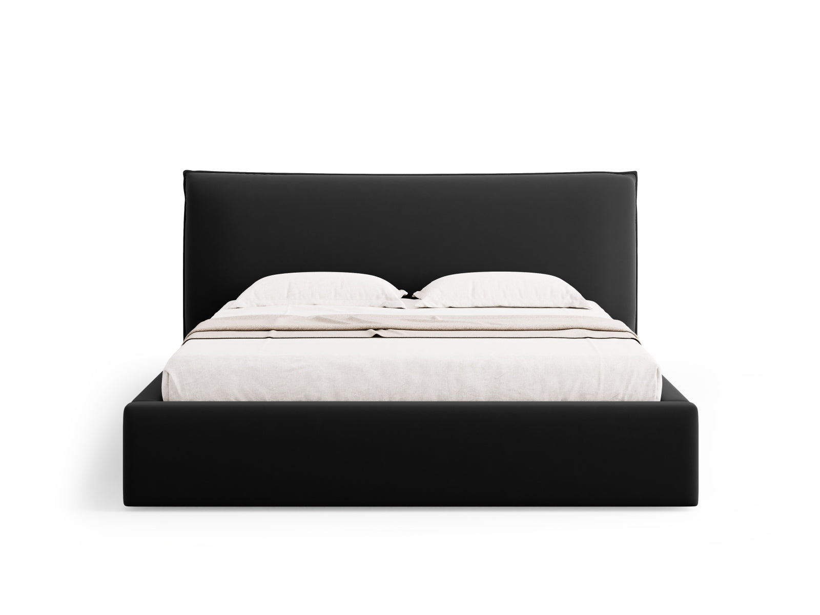 Schwarzes Kaelle Velour Bett mit 160 cm Breite, ausgestattet mit Stauraum und einem eleganten Kopfteil für zeitgemäße Schlafzimmer.
