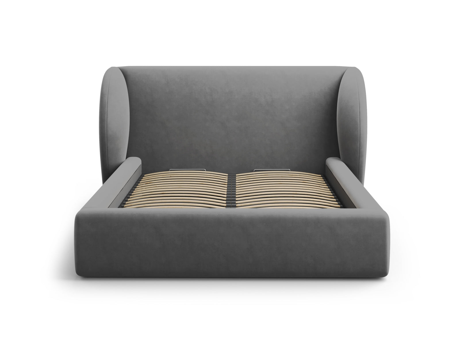 Stylisches Miley Velour Bett in Grau-Blau, ausgestattet mit praktischem Stauraum und einem eleganten Kopfteil für ein modernes Ambiente.