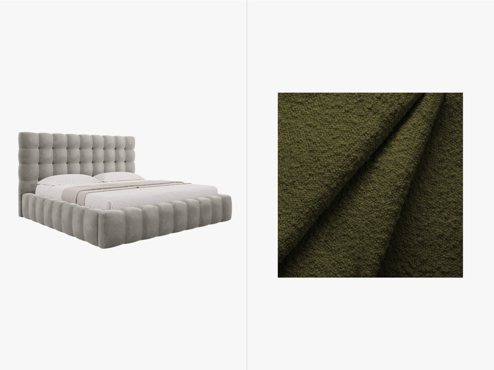 Mamaia Boucle Bett mit Stauraum und Headboard  205cm in Dark Olive Green/Schwarz präsentiert im Onlineshop von KAQTU Design AG. Bett ist von Micadoni