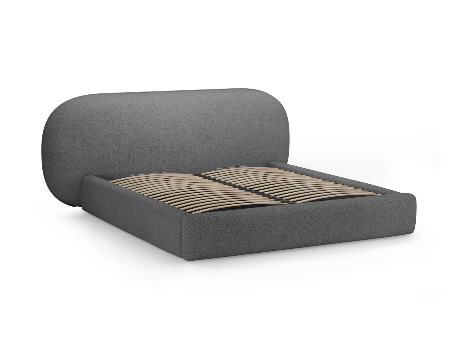 Modernes Ovalo Bett mit 180 cm hohem Kopfteil und integriertem Stauraum in Dunkelgrau, perfekt für funktionale und stilvolle Schlafräume.